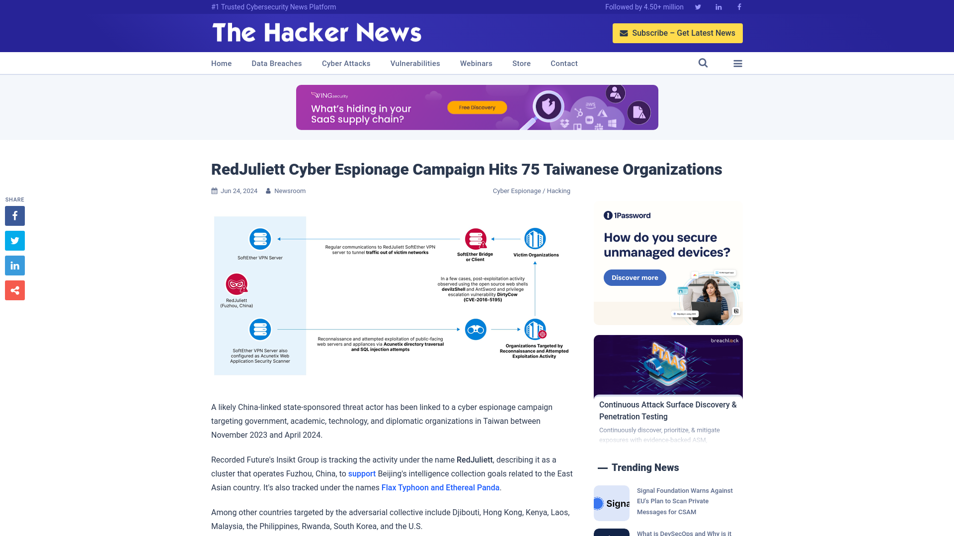 RedJuliett Cyber Espionage Campaign Hits 75 Taiwanese Organizations