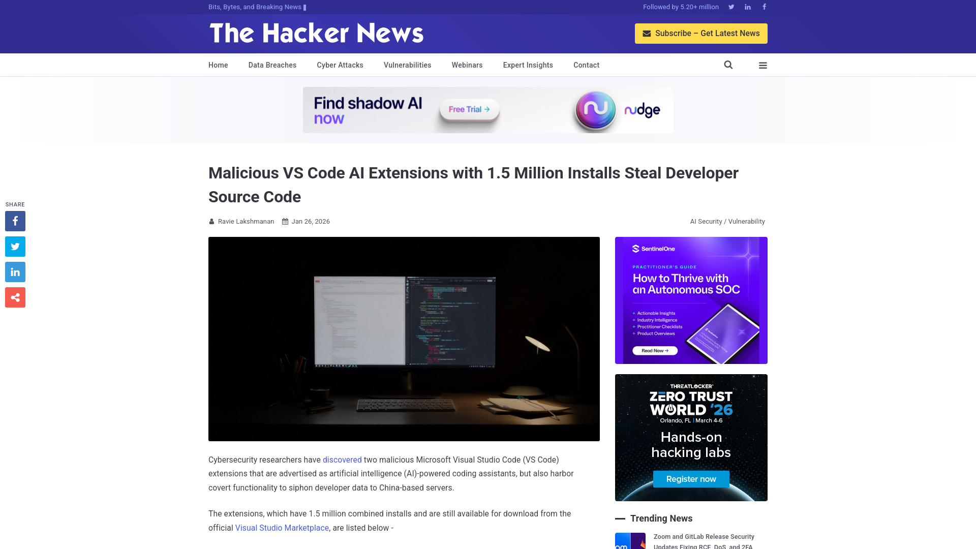 Malicious VS Code AI Extensions with 1.5 Million Installs Steal Developer Source Code
