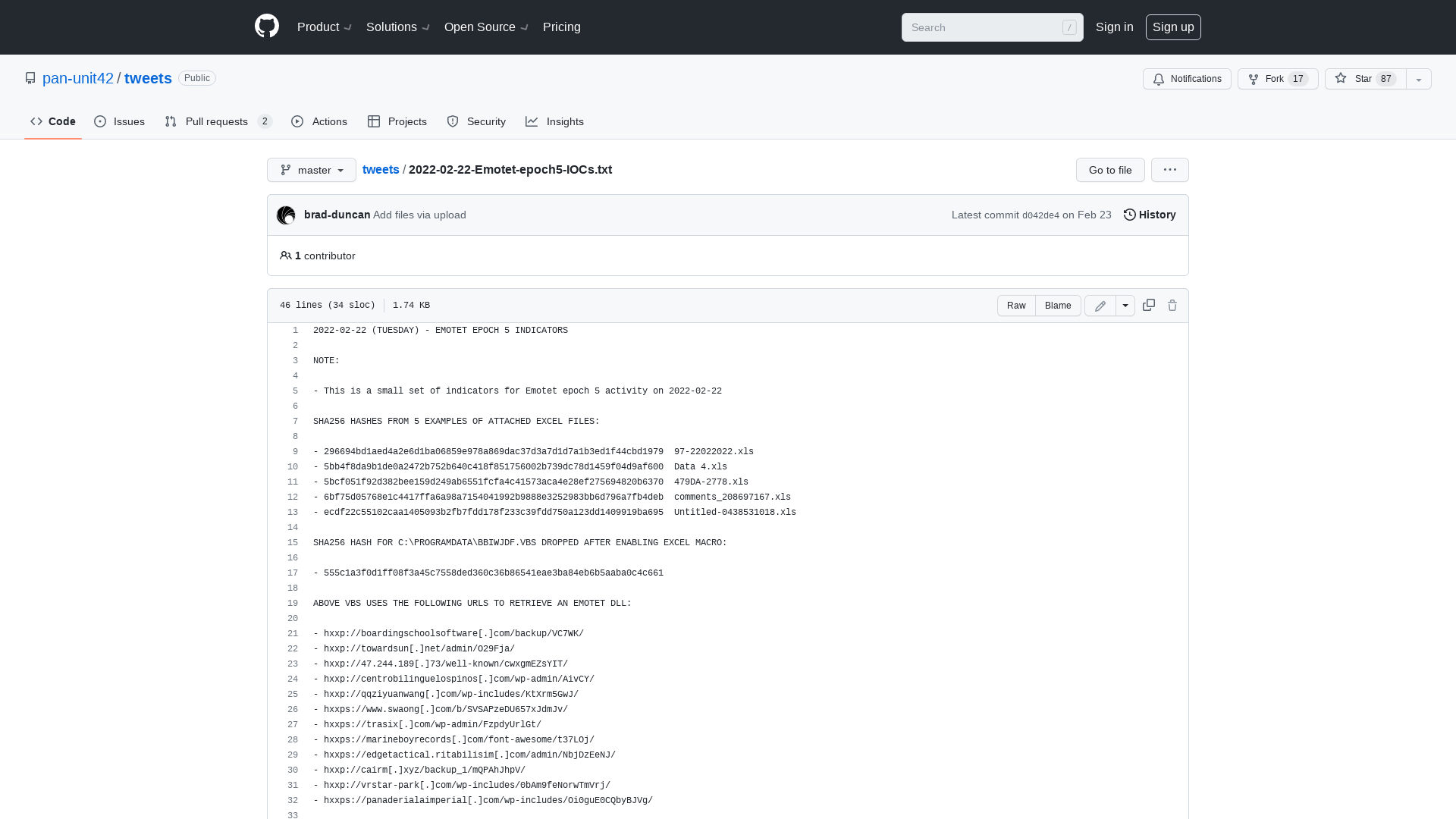 tweets/2022-02-22-Emotet-epoch5-IOCs.txt at master · pan-unit42/tweets · GitHub
