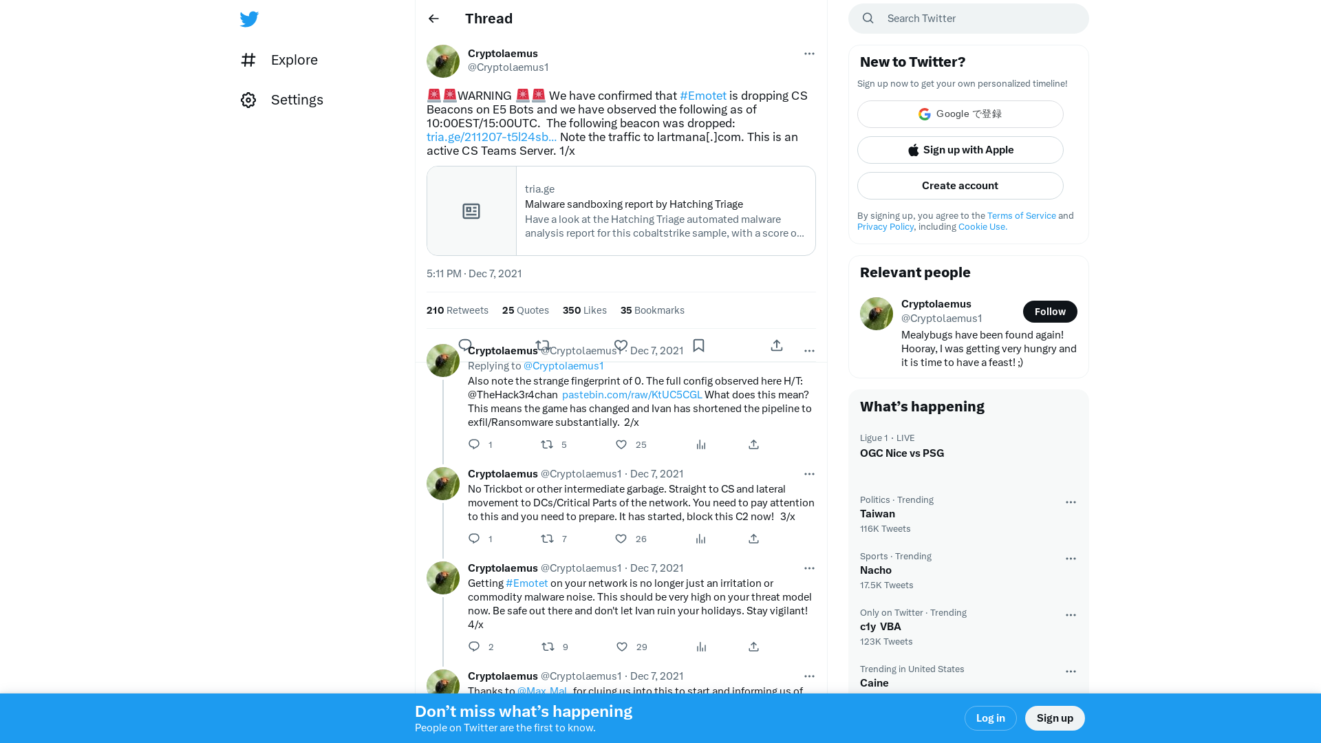 Cryptolaemus on Twitter: "🚨🚨WARNING 🚨🚨 We have confirmed that #Emotet is dropping CS Beacons on E5 Bots and we have observed the following as of 10:00EST/15:00UTC. The following beacon was dropped: https://t.co/imJDQTGqxV Note the traffic to lartmana[.]com. This is an active CS Teams Server. 1/x" / Twitter