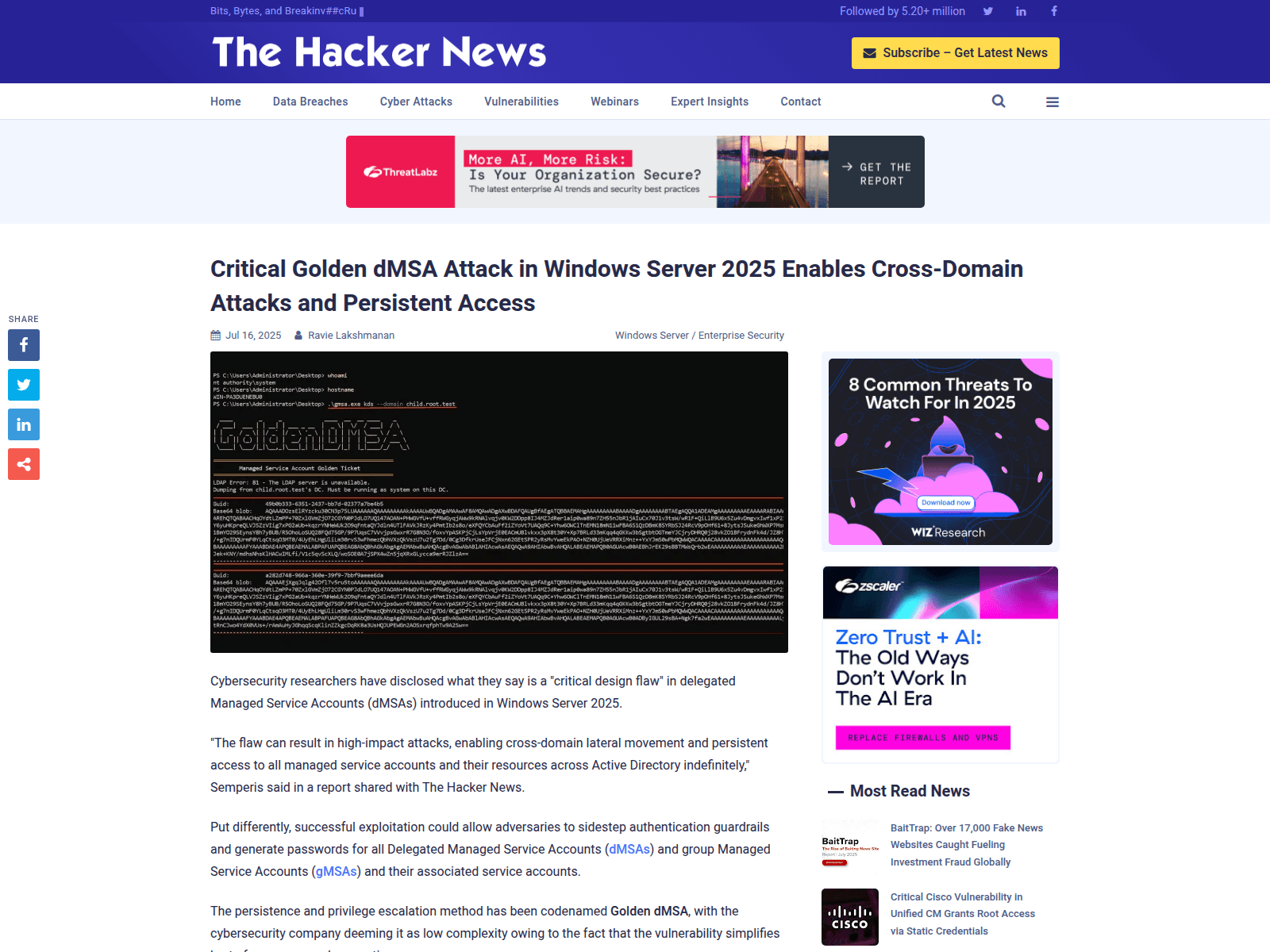 Critical Golden dMSA Attack in Windows Server 2025 Enables Cross-Domain Attacks and Persistent Access