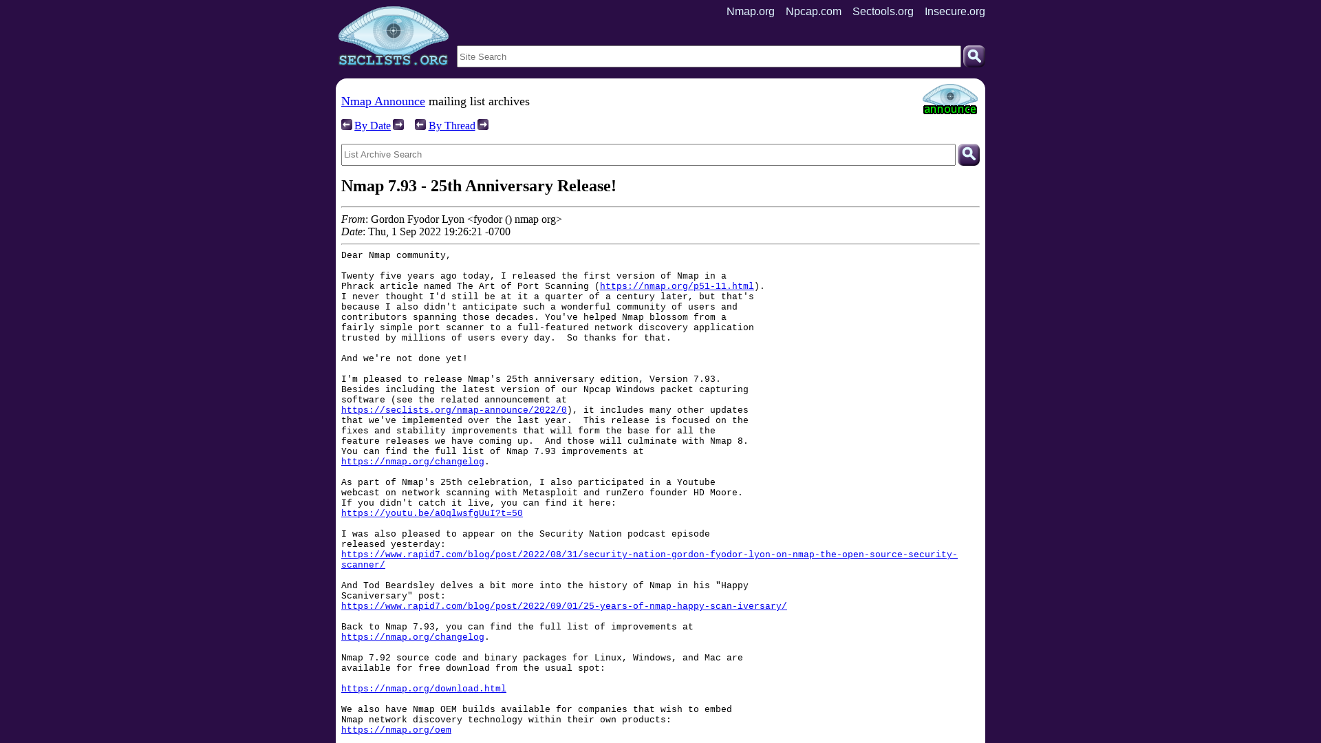 Nmap Announce: Nmap 7.93 - 25th Anniversary Release!
