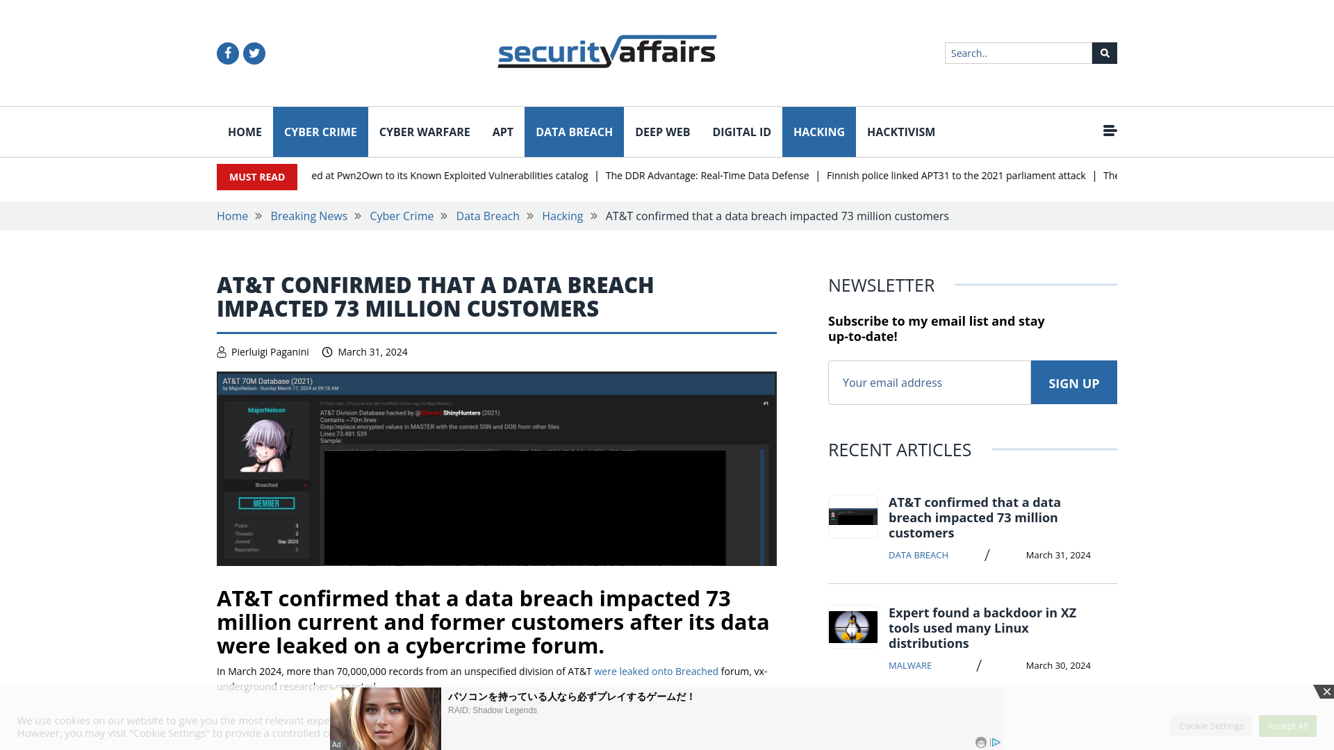 AT&T confirmed that a data breach impacted 73 million customers