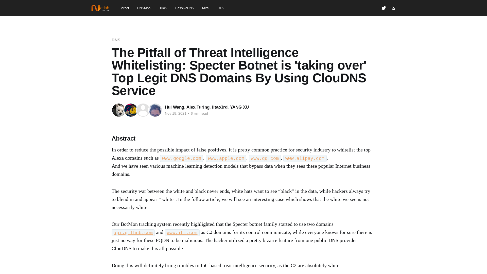 The Pitfall of Threat Intelligence Whitelisting: Specter Botnet is 'taking over' Top Legit DNS Domains By Using ClouDNS Service