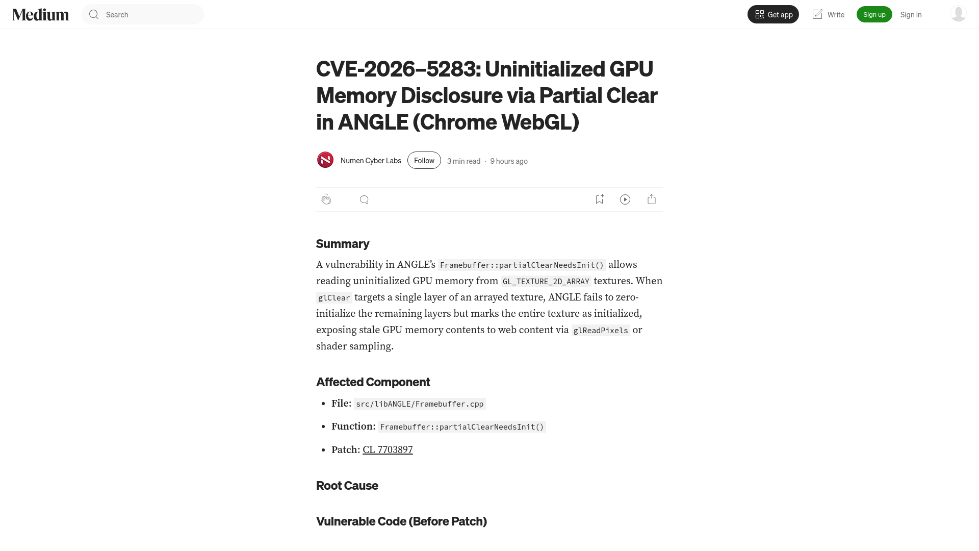CVE-2026–5283: Uninitialized GPU Memory Disclosure via Partial Clear in ANGLE (Chrome WebGL) | by Numen Cyber Labs | Apr, 2026 | Medium