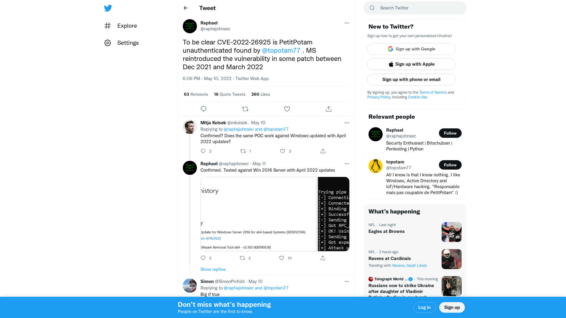 Raphael on Twitter: "To be clear CVE-2022-26925 is PetitPotam unauthenticated found by @topotam77 . MS reintroduced the vulnerability in some patch between Dec 2021 and March 2022" / Twitter