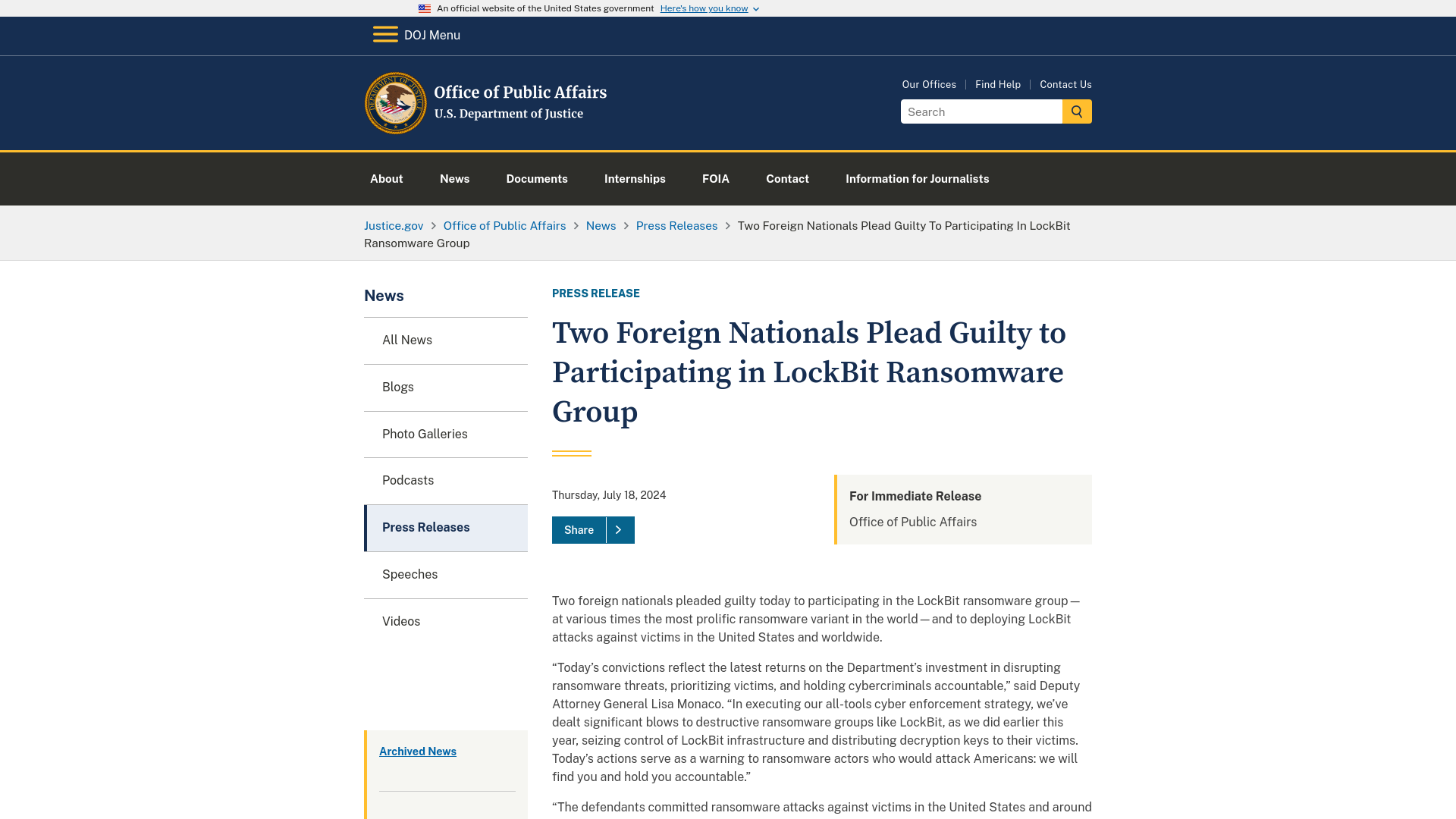 Office of Public Affairs | Two Foreign Nationals Plead Guilty to Participating in LockBit Ransomware Group | United States Department of Justice