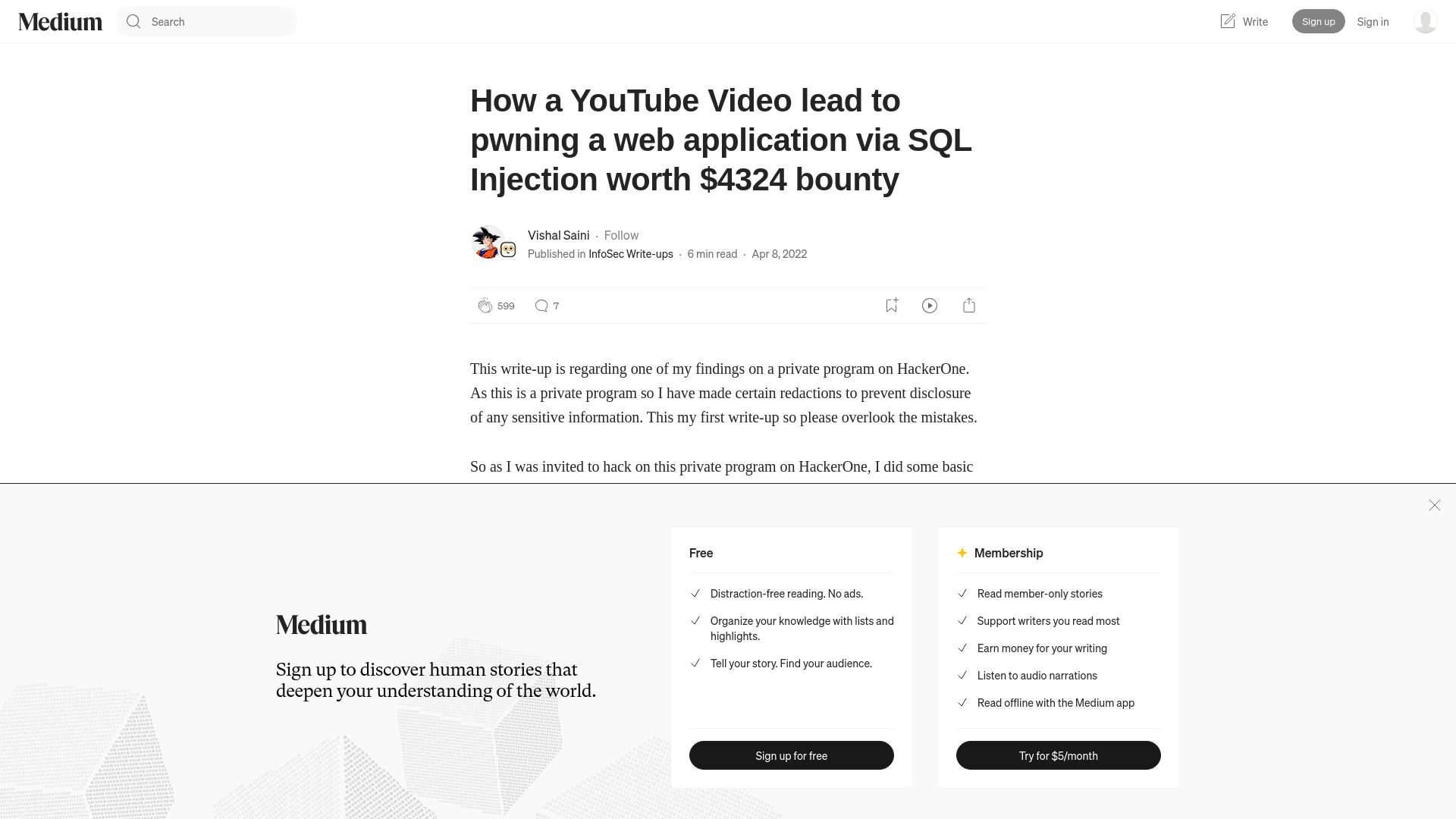 How a YouTube Video lead to pwning a web application via SQL Injection worth $4324 bounty | by Vishal Saini | InfoSec Write-ups