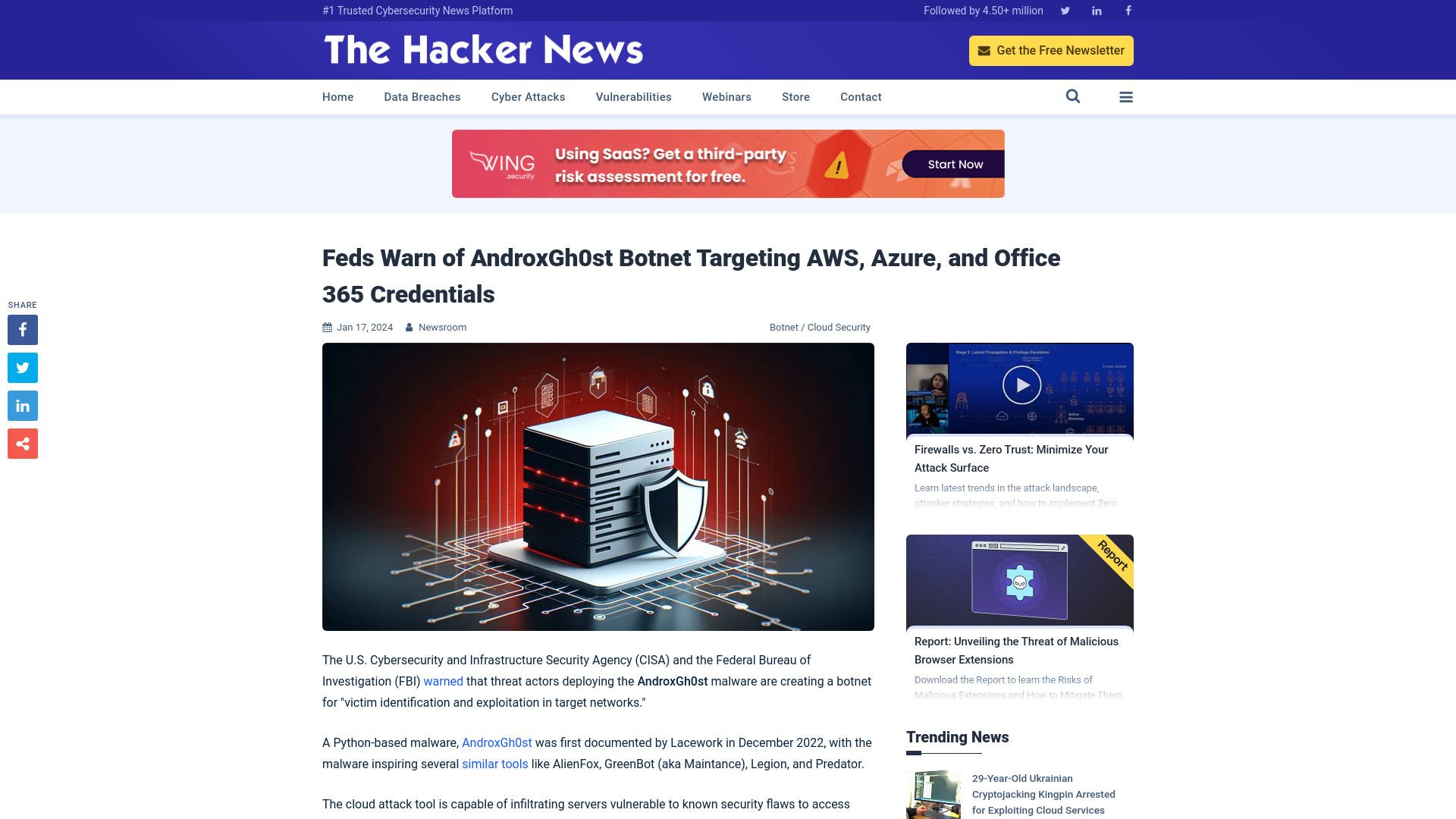 Feds Warn of AndroxGh0st Botnet Targeting AWS, Azure, and Office 365 Credentials