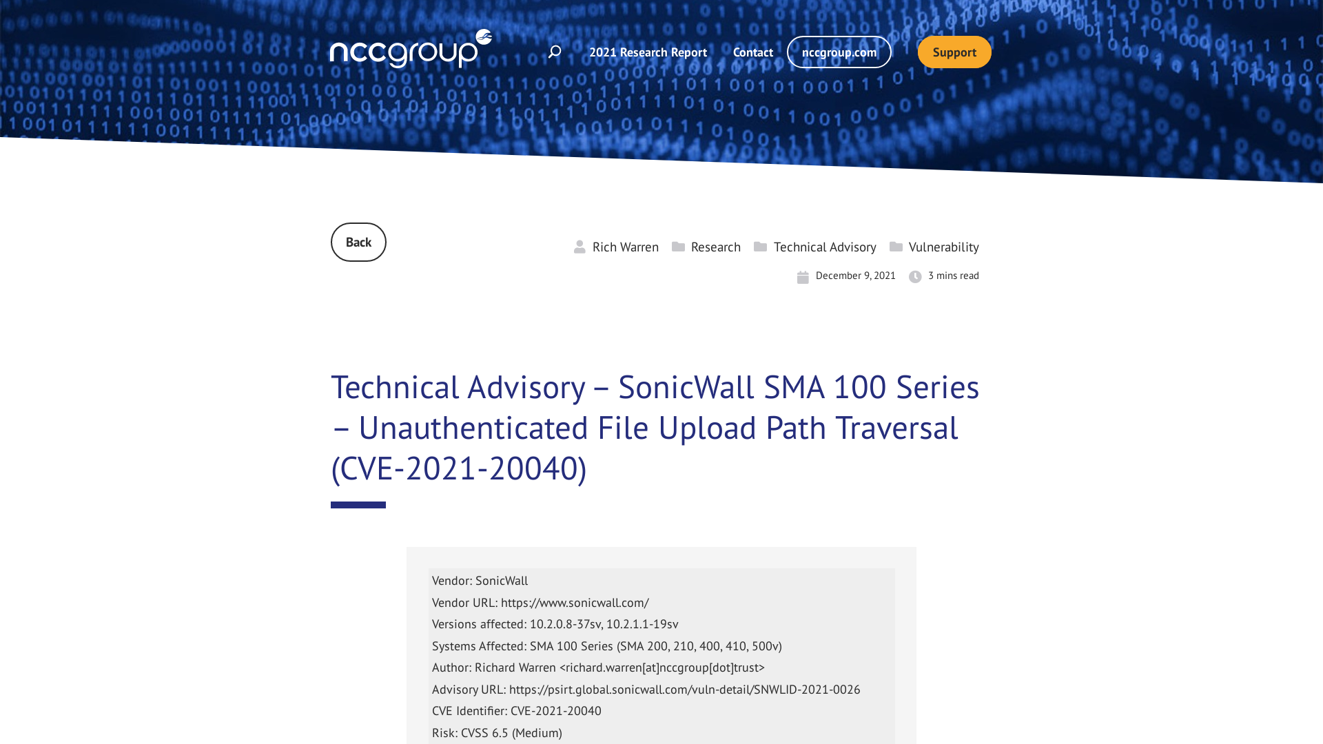 Technical Advisory – SonicWall SMA 100 Series – Unauthenticated File Upload Path Traversal (CVE-2021-20040) | NCC Group Research Blog | Making the world safer and more secure
