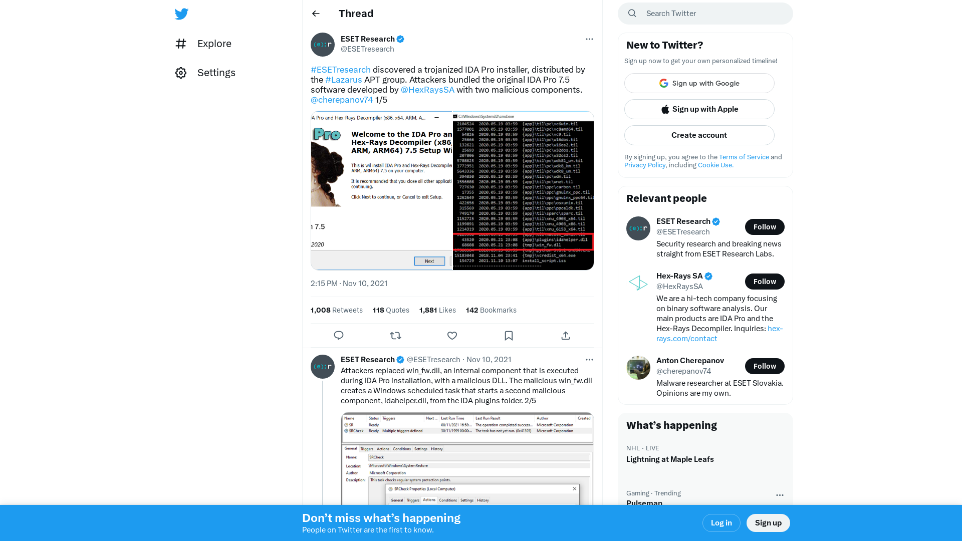 ESET Research on Twitter: "#ESETresearch discovered a trojanized IDA Pro installer, distributed by the #Lazarus APT group. Attackers bundled the original IDA Pro 7.5 software developed by @HexRaysSA with two malicious components. @cherepanov74 1/5 https://t.co/WEAJz4Gxpi" / Twitter