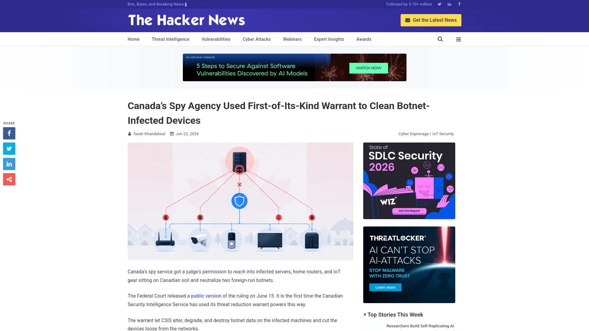 Canada’s Spy Agency Used First-of-Its-Kind Warrant to Clean Botnet-Infected Devices