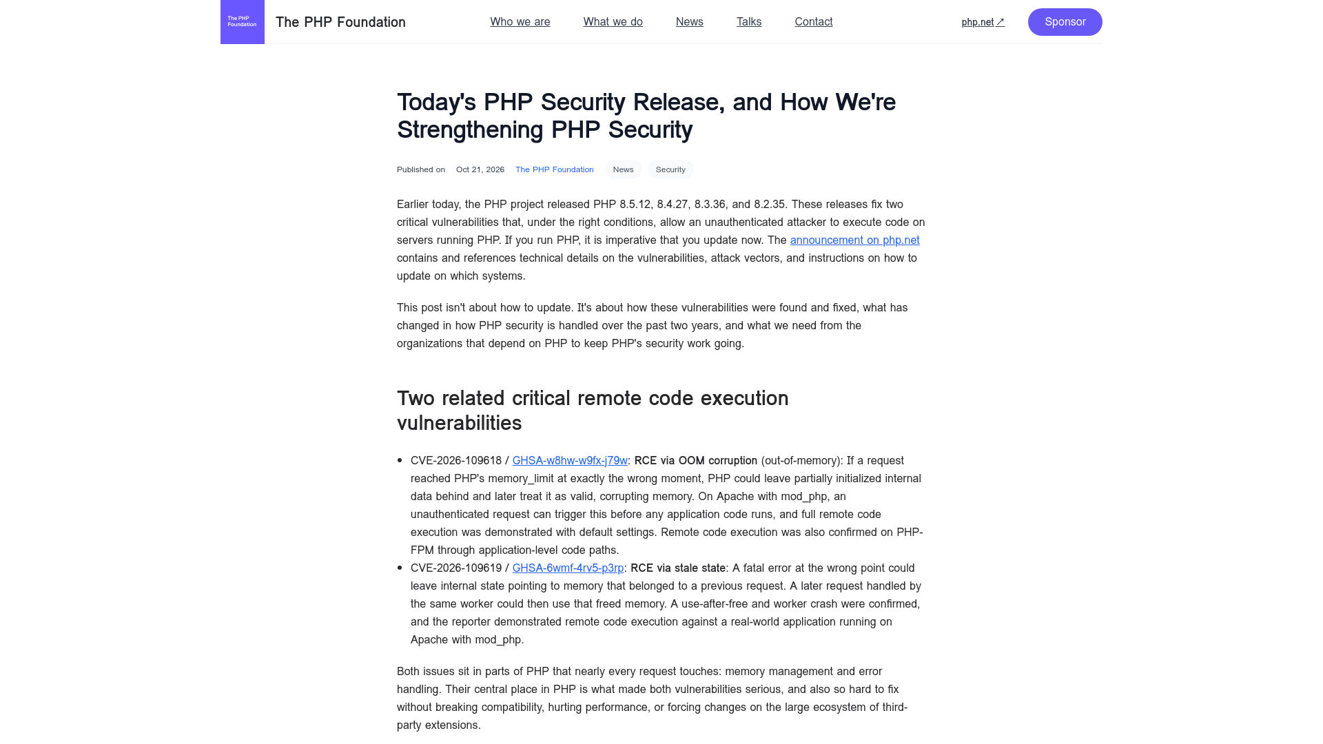 Today's PHP Security Release, and How We're Strengthening PHP Security — The PHP Foundation — Supporting, Advancing, and Developing the PHP Language