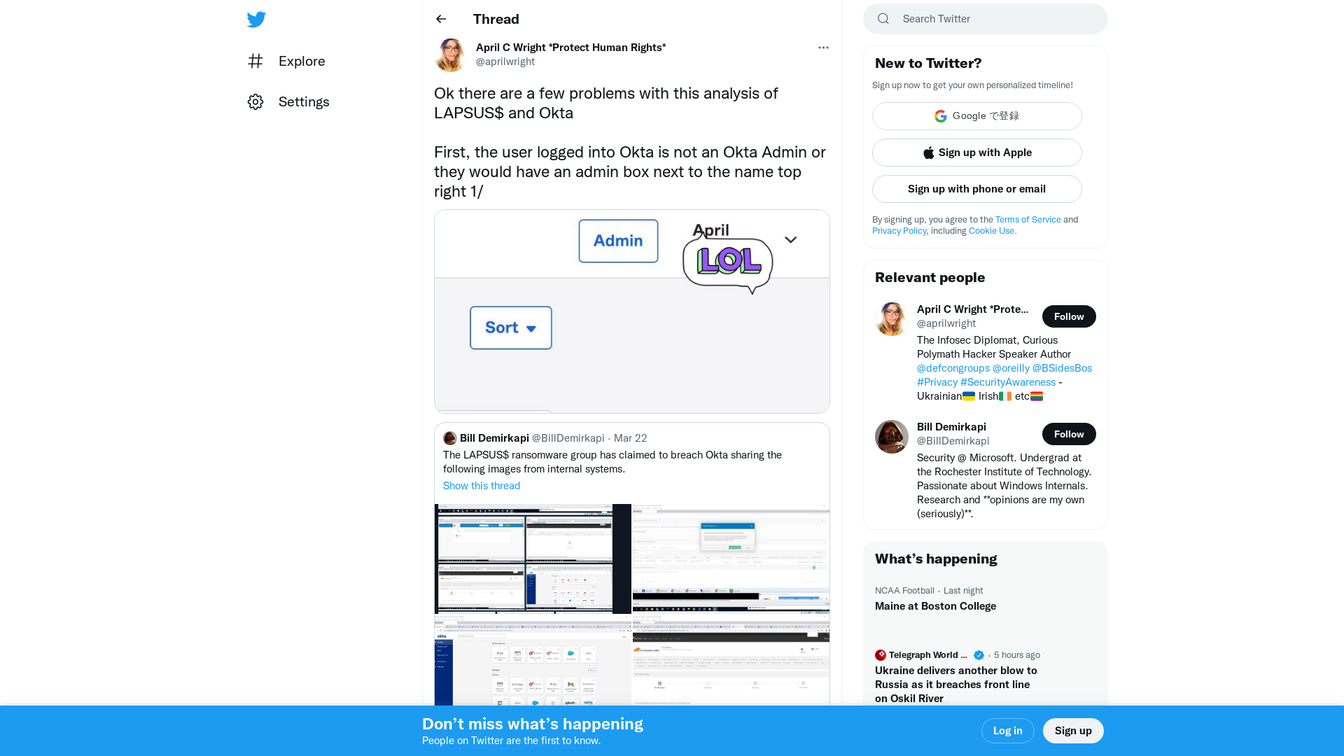 April C Wright *Protect Human Rights* on Twitter: "Ok there are a few problems with this analysis of LAPSUS$ and Okta First, the user logged into Okta is not an Okta Admin or they would have an admin box next to the name top right 1/ https://t.co/OsqOiXVOhs" / Twitter