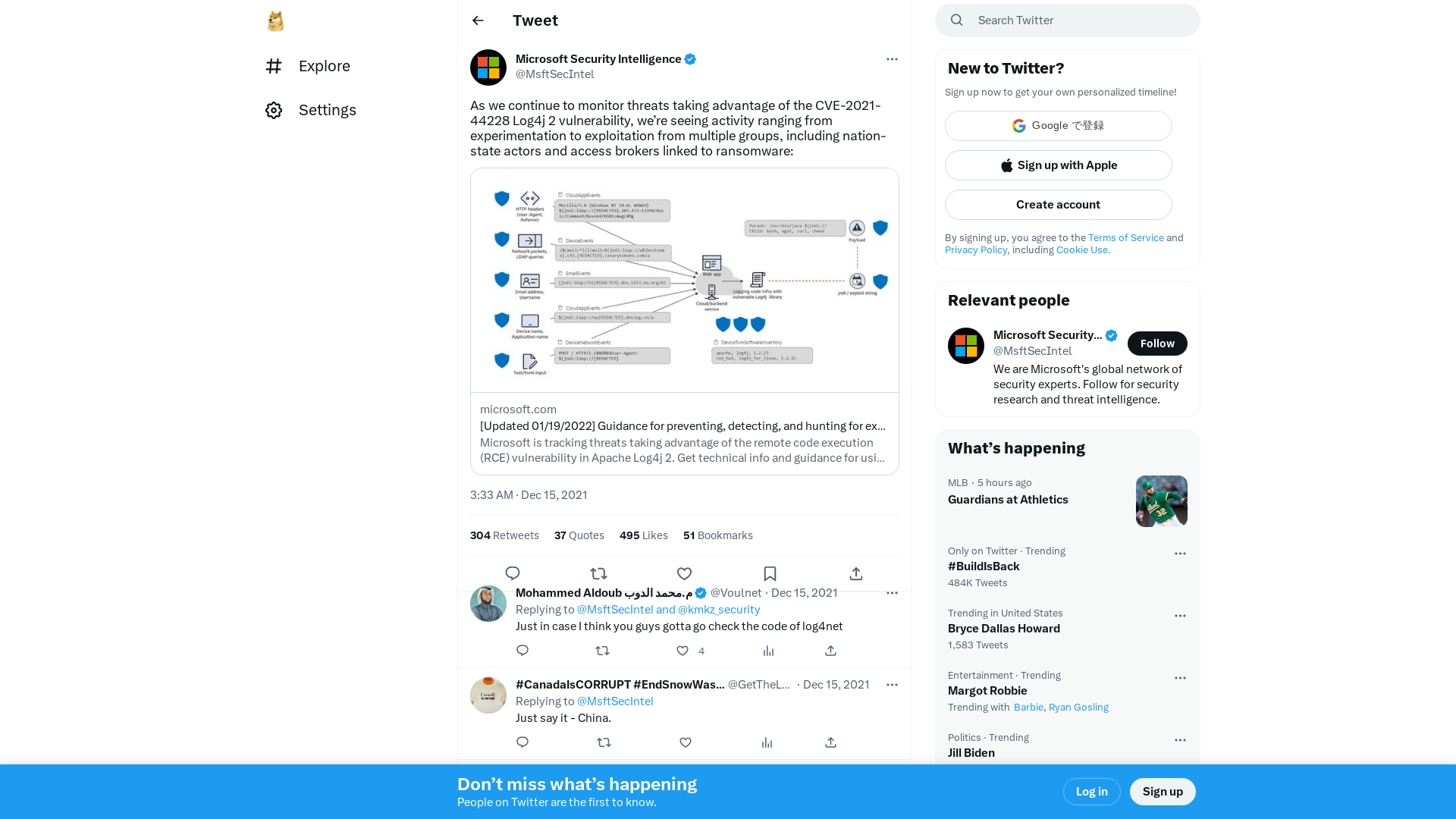 Microsoft Security Intelligence on Twitter: "As we continue to monitor threats taking advantage of the CVE-2021-44228 Log4j 2 vulnerability, we’re seeing activity ranging from experimentation to exploitation from multiple groups, including nation-state actors and access brokers linked to ransomware: https://t.co/WWSxGvaiDy" / Twitter