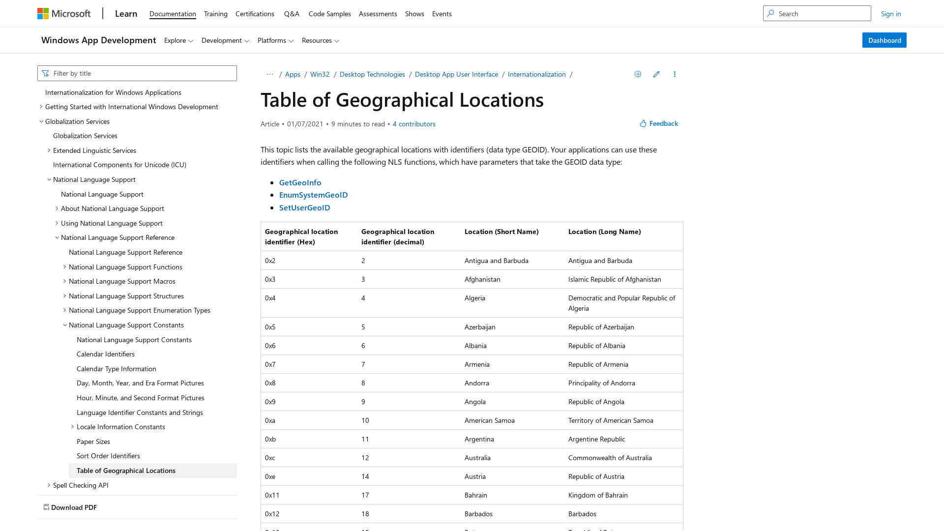 Table of Geographical Locations - Win32 apps | Microsoft Learn