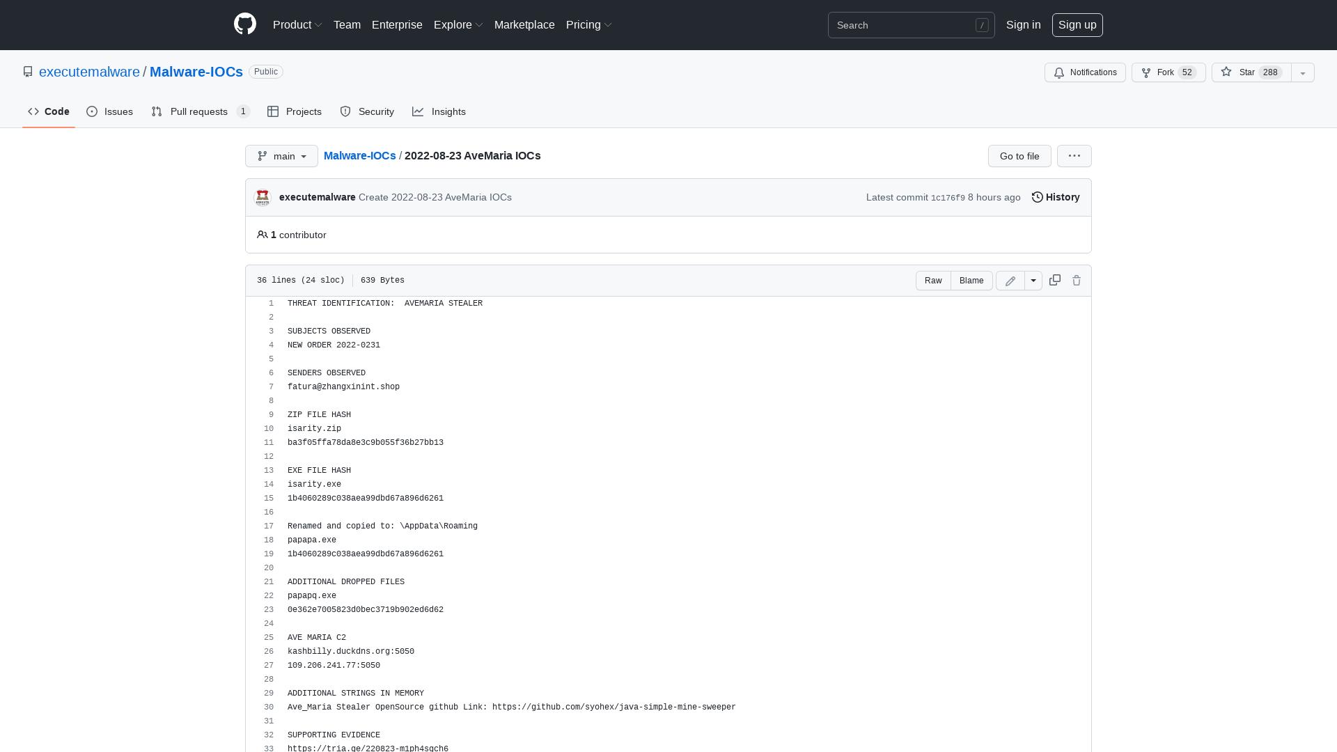 Malware-IOCs/2022-08-23 AveMaria IOCs at main · executemalware/Malware-IOCs · GitHub