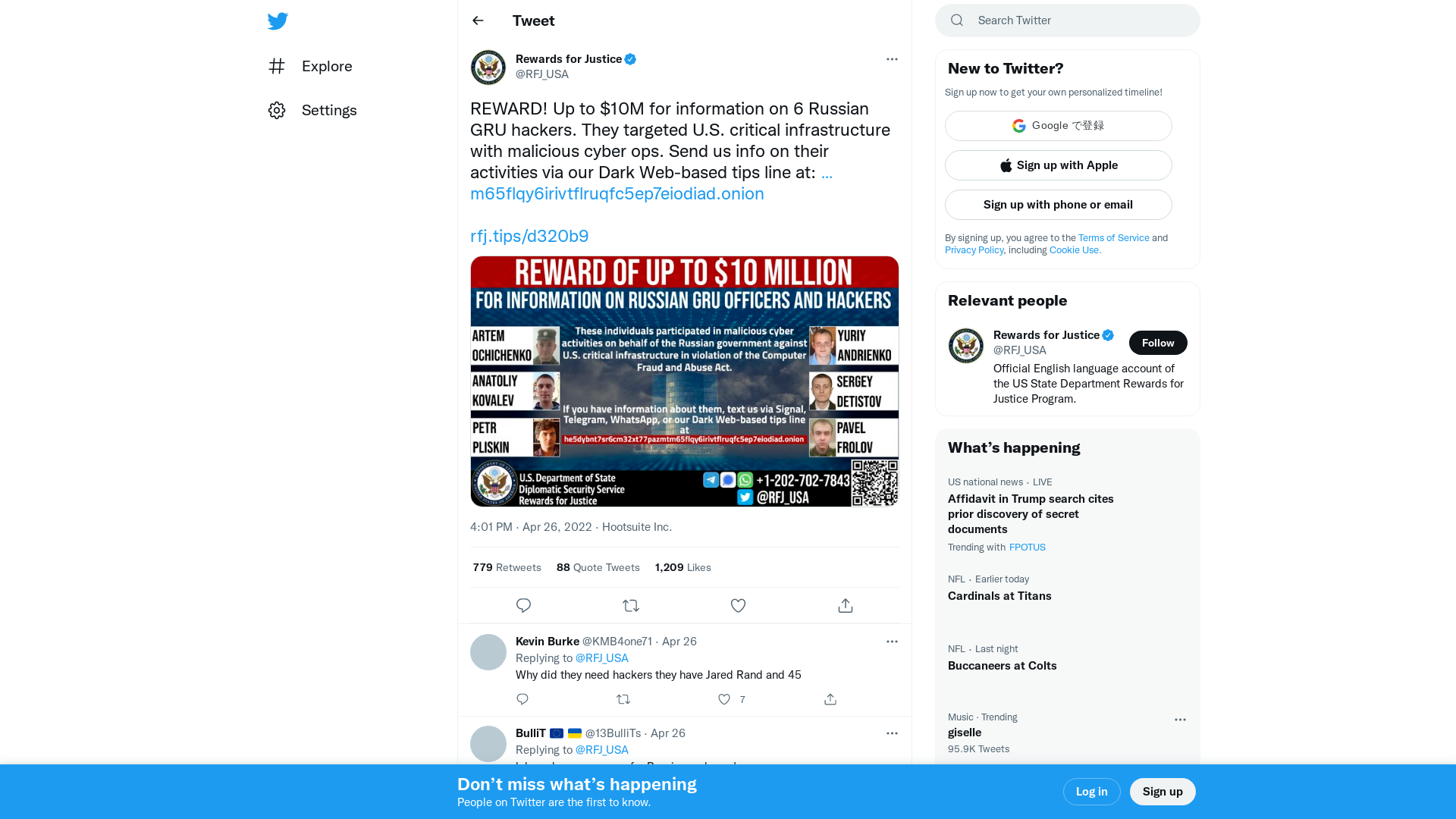Rewards for Justice on Twitter: "REWARD! Up to $10M for information on 6 Russian GRU hackers. They targeted U.S. critical infrastructure with malicious cyber ops. Send us info on their activities via our Dark Web-based tips line at: https://t.co/WvkI416g4W https://t.co/oZCKNHU3fY https://t.co/u1NMAZ9HQl" / Twitter