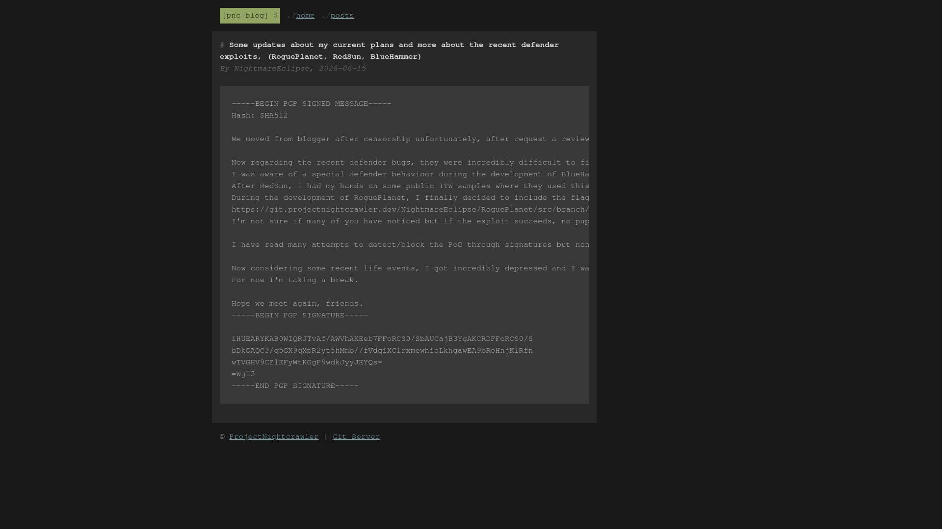 Some updates about my current plans and more about the recent defender exploits, (RoguePlanet, RedSun, BlueHammer) – PNC Blog
