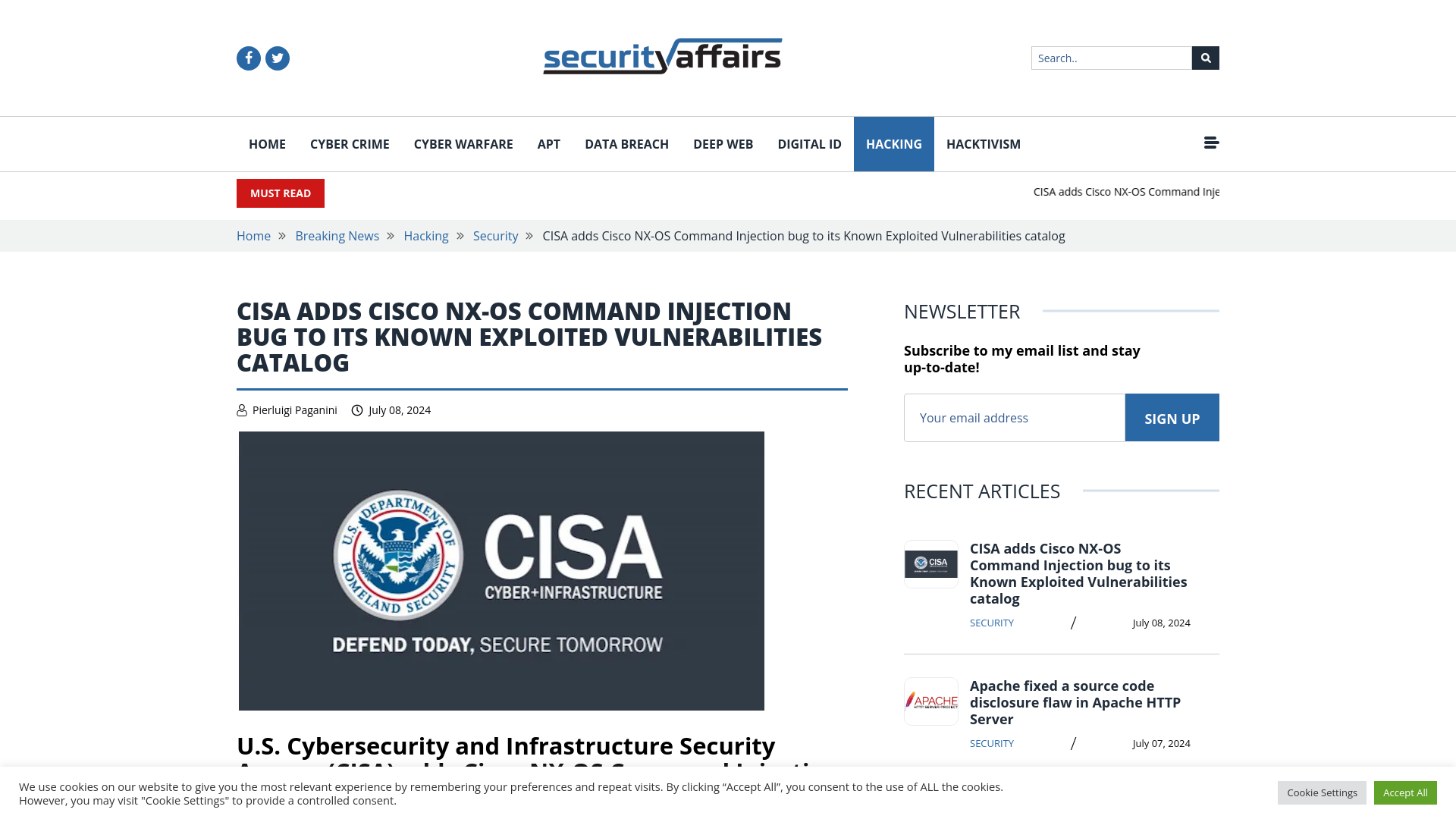 CISA adds Cisco NX-OS Command Injection bug to its Known Exploited Vulnerabilities catalog