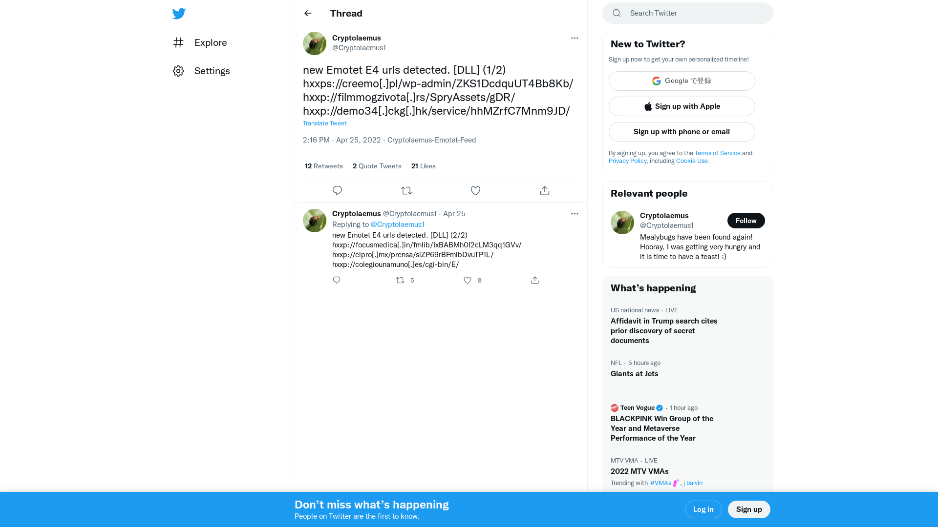 Cryptolaemus on Twitter: "new Emotet E4 urls detected. [DLL] (1/2) hxxps://creemo[.]pl/wp-admin/ZKS1DcdquUT4Bb8Kb/ hxxp://filmmogzivota[.]rs/SpryAssets/gDR/ hxxp://demo34[.]ckg[.]hk/service/hhMZrfC7Mnm9JD/" / Twitter
