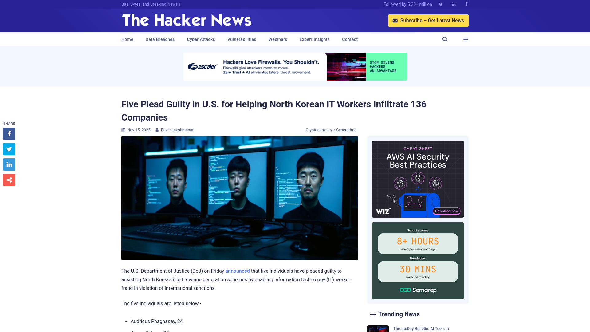 Five Plead Guilty in U.S. for Helping North Korean IT Workers Infiltrate 136 Companies