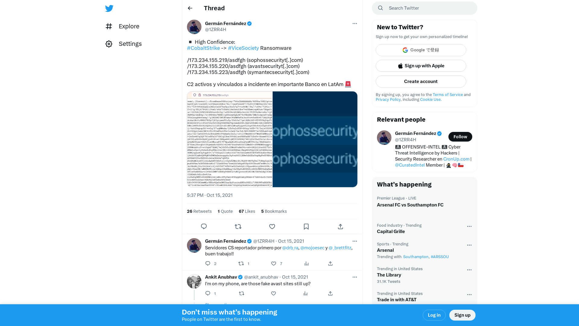 Germán Fernández on Twitter: "▪️ High Confidence: #CobaltStrike -> #ViceSociety Ransomware /173.234.155.219/asdfgh (sophossecurityt[.]com) /173.234.155.220/asdfgh (avastsecurityt[.]com) /173.234.155.223/asdfgh (symantecsecurityt[.]com) C2 activos y vinculados a incidente en importante Banco en LatAm 🚨 https://t.co/WbRqFgAOGp" / Twitter