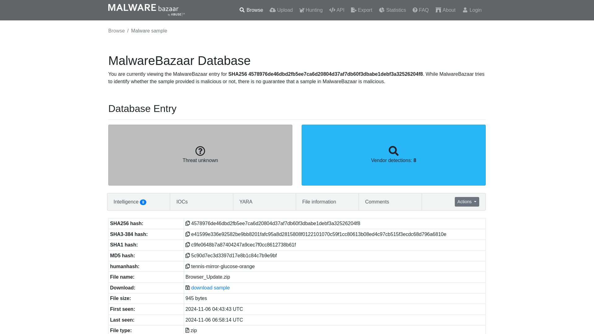 MalwareBazaar | SHA256 4578976de46dbd2fb5ee7ca6d20804d37af7db60f3dbabe1debf3a32526204f8