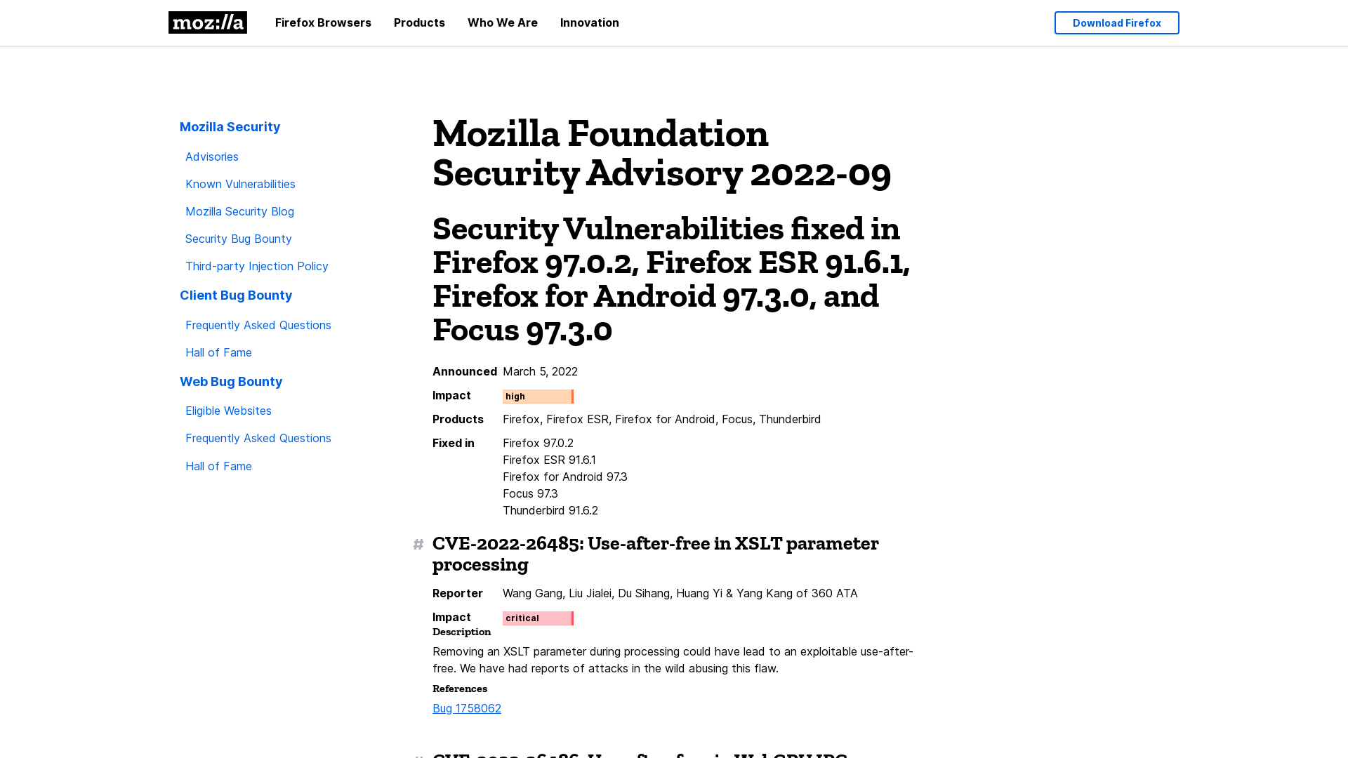 Security Vulnerabilities fixed in Firefox 97.0.2, Firefox ESR 91.6.1, Firefox for Android 97.3.0, and Focus 97.3.0 — Mozilla