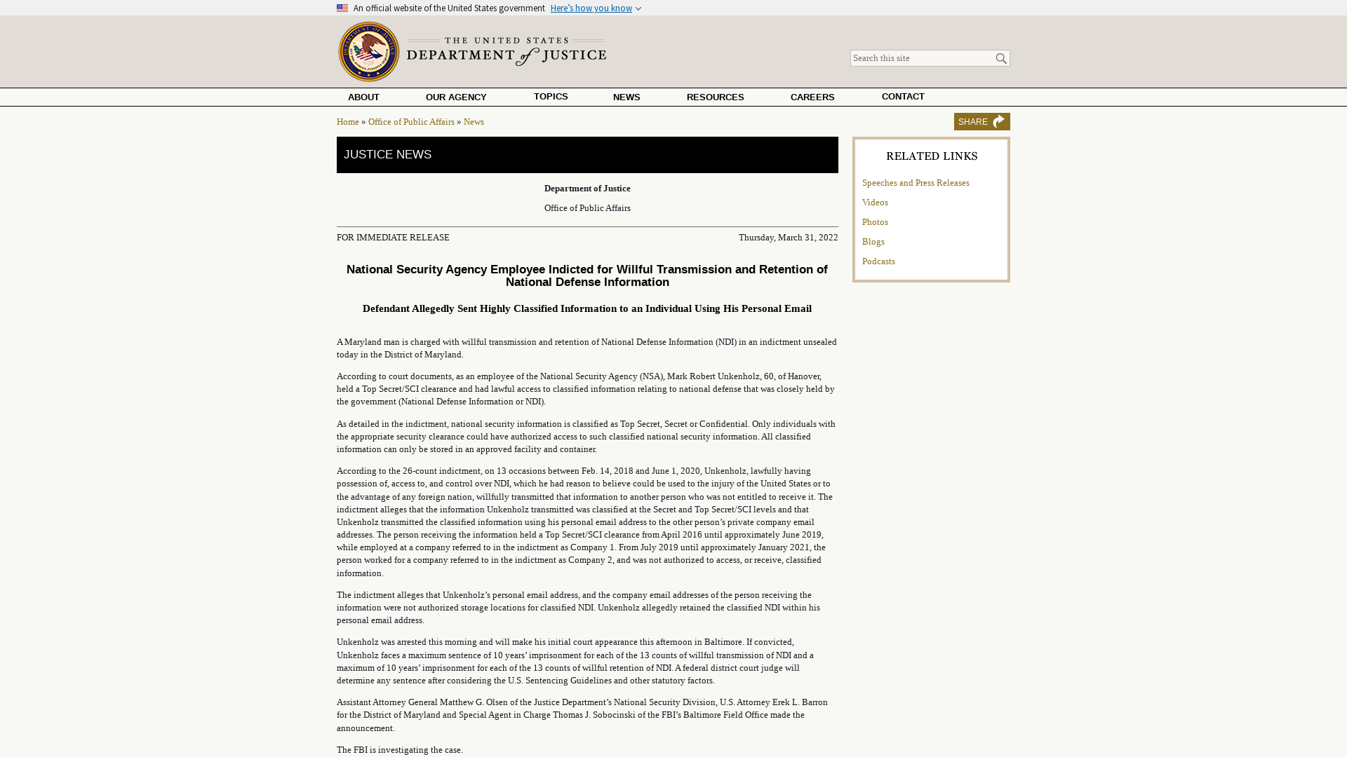 National Security Agency Employee Indicted for Willful Transmission and Retention of National Defense Information | OPA | Department of Justice