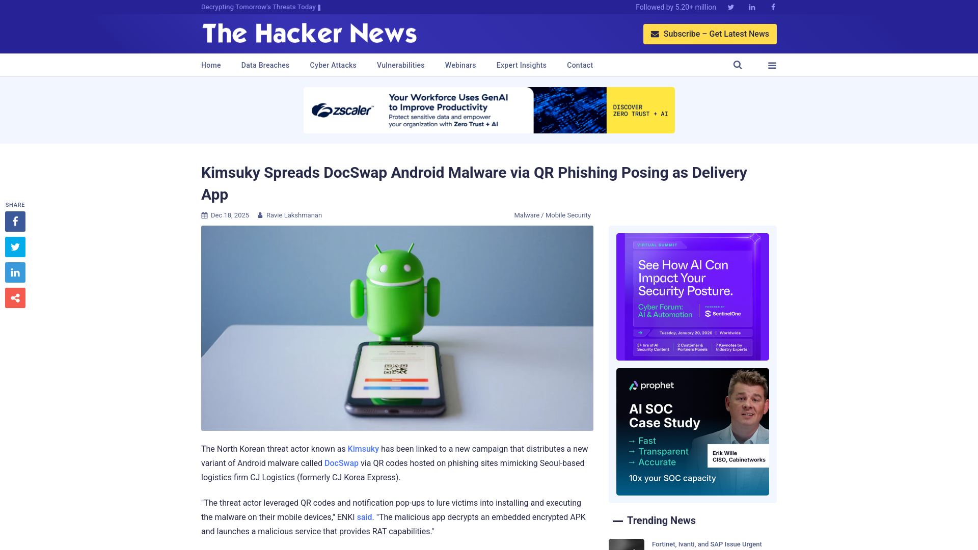 Kimsuky Spreads DocSwap Android Malware via QR Phishing Posing as Delivery App