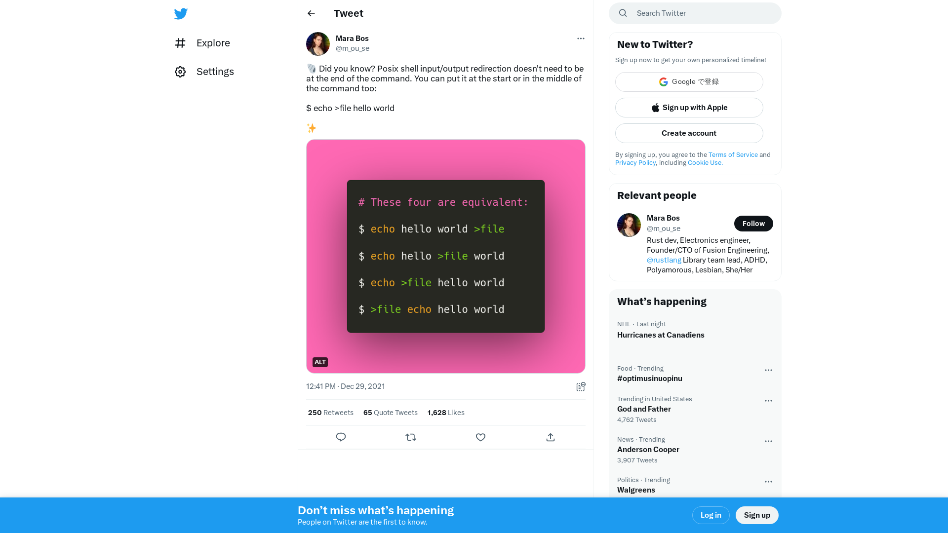 Mara Bos on Twitter: "🐚 Did you know? Posix shell input/output redirection doesn't need to be at the end of the command. You can put it at the start or in the middle of the command too: $ echo >file hello world ✨ https://t.co/UqL4jq7nHX" / Twitter
