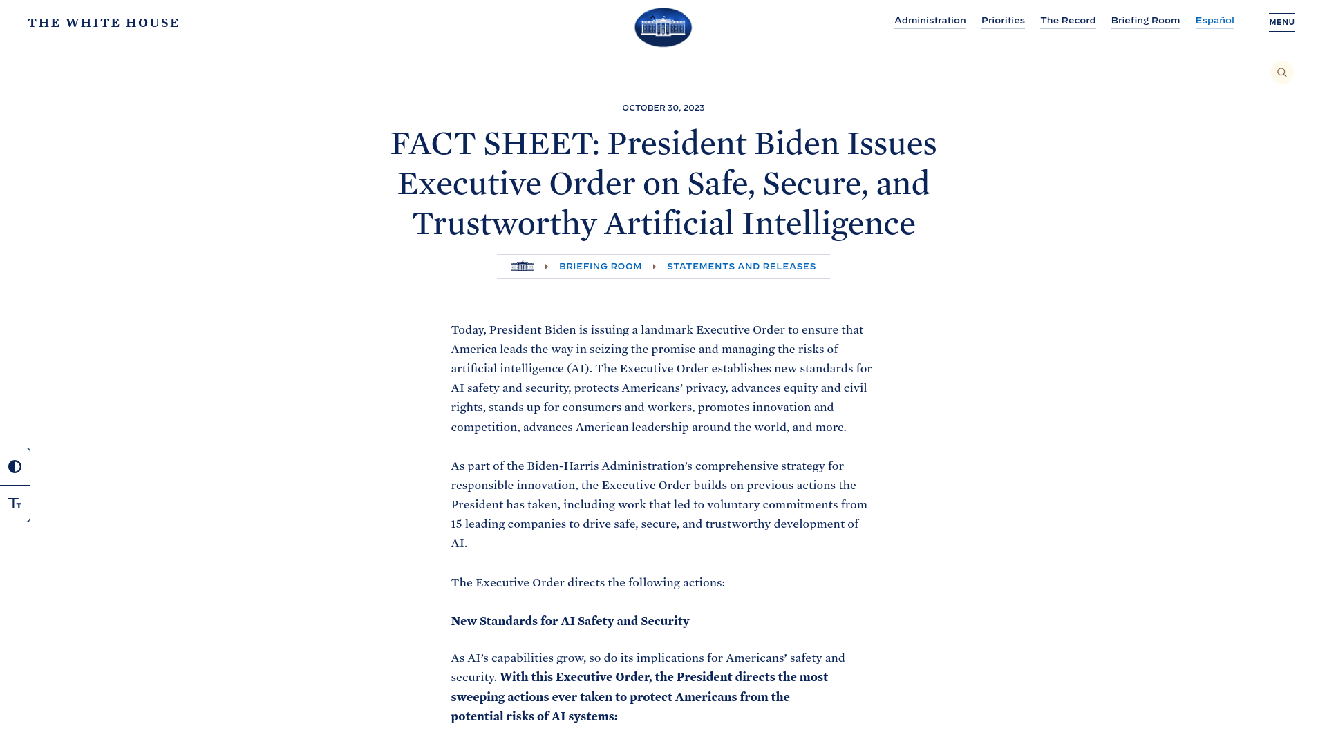 FACT SHEET: President Biden Issues Executive Order on Safe, Secure, and Trustworthy Artificial Intelligence | The White House