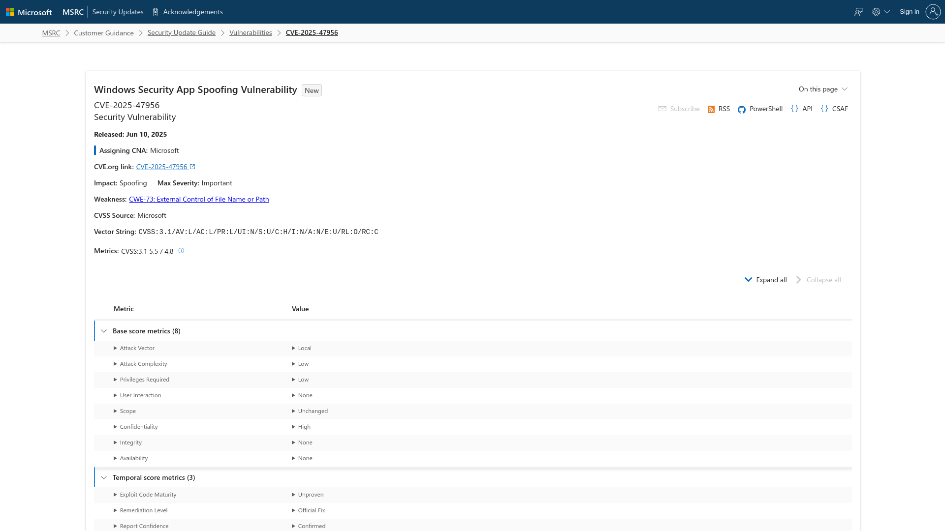 CVE-2025-47956 - Security Update Guide - Microsoft - Windows Security App Spoofing Vulnerability