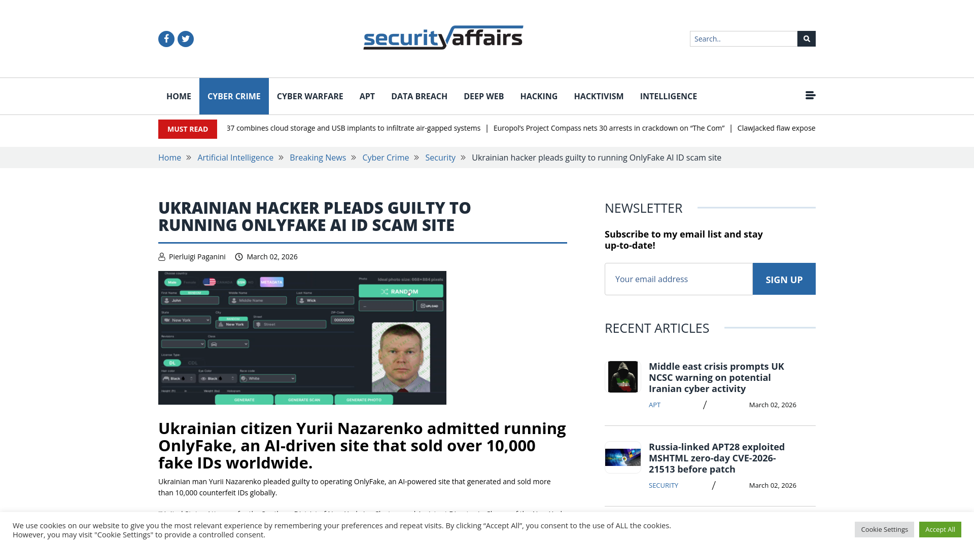 Ukrainian hacker pleads guilty to running OnlyFake AI ID scam site