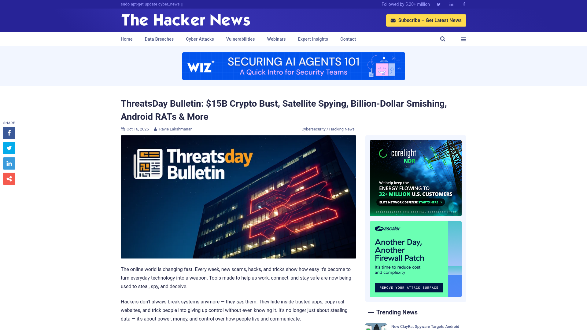 ThreatsDay Bulletin: $15B Crypto Bust, Satellite Spying, Billion-Dollar Smishing, Android RATs & More