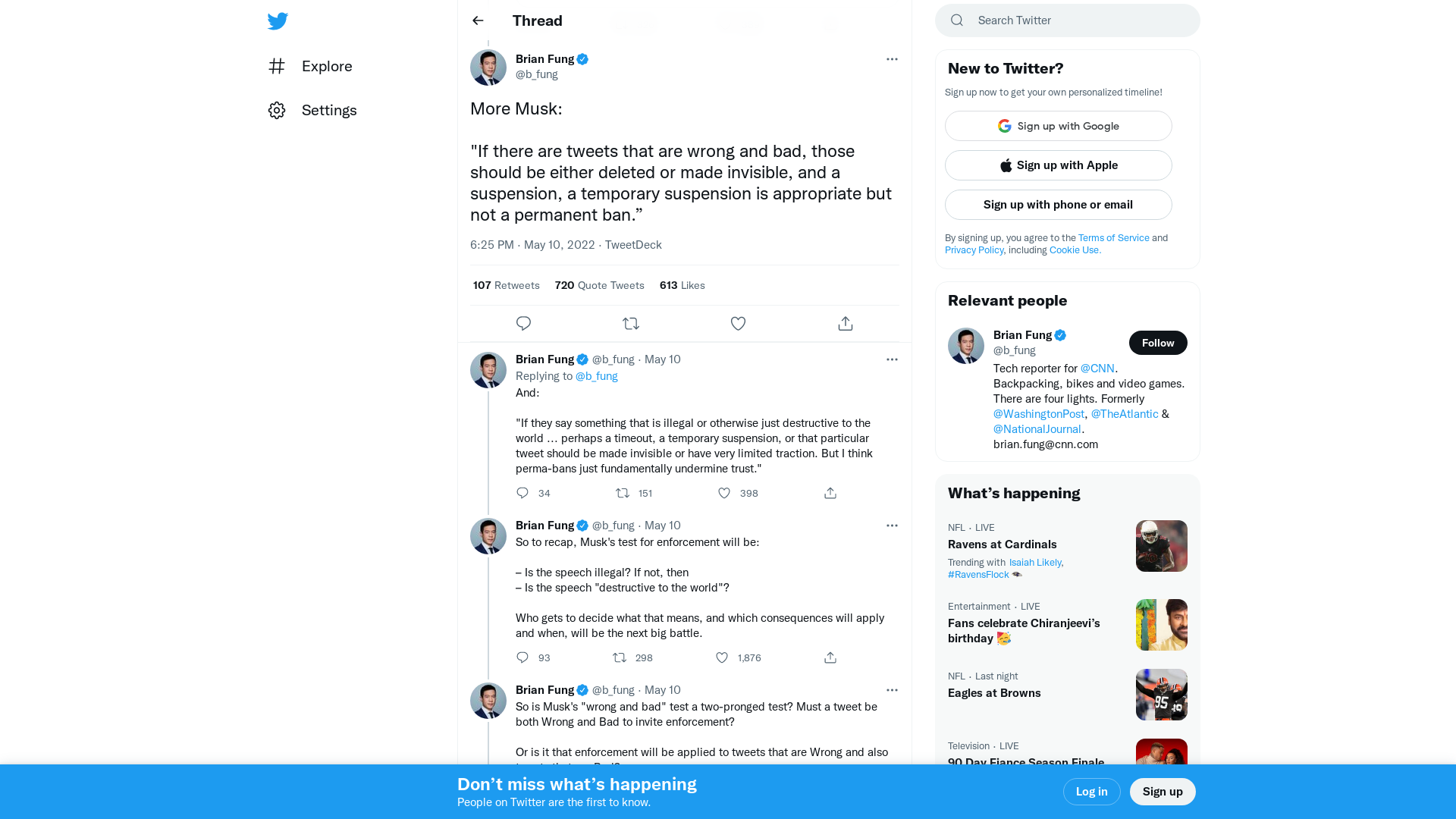 Brian Fung on Twitter: "More Musk: "If there are tweets that are wrong and bad, those should be either deleted or made invisible, and a suspension, a temporary suspension is appropriate but not a permanent ban.”" / Twitter