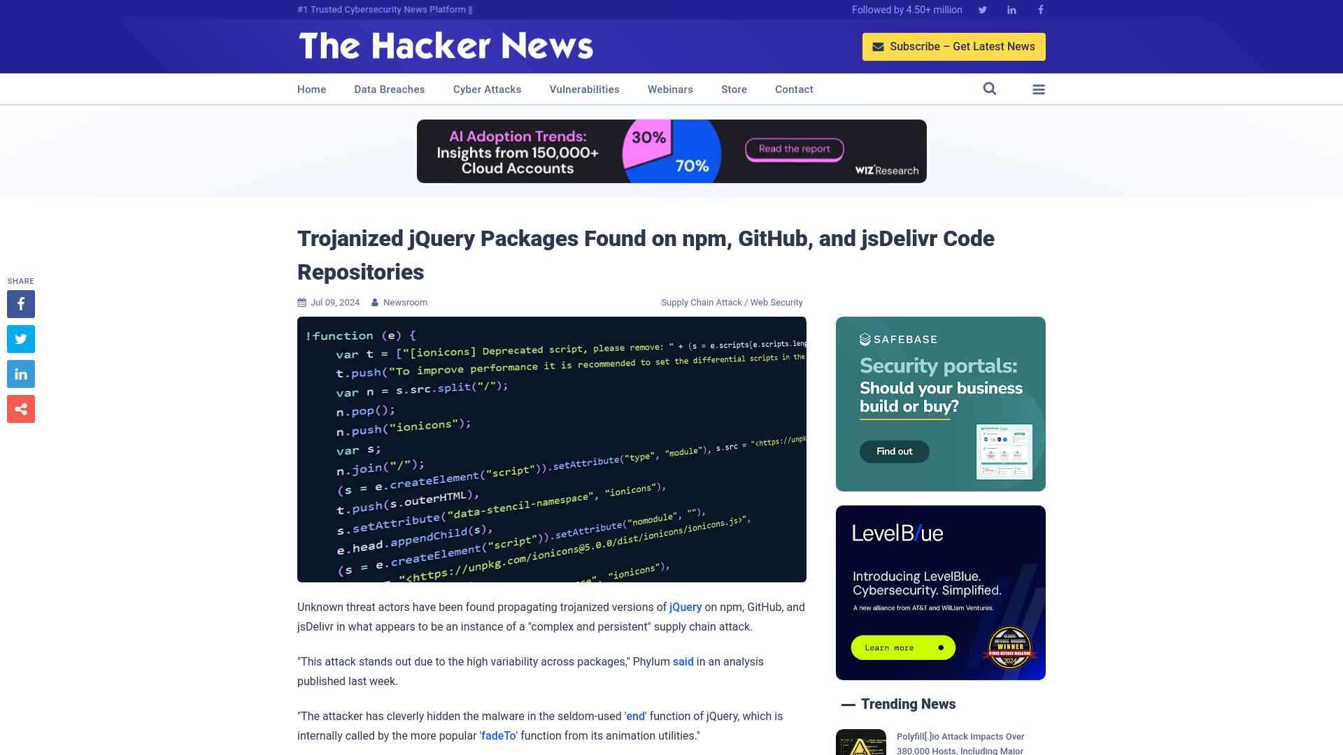 Trojanized jQuery Packages Found on npm, GitHub, and jsDelivr Code Repositories