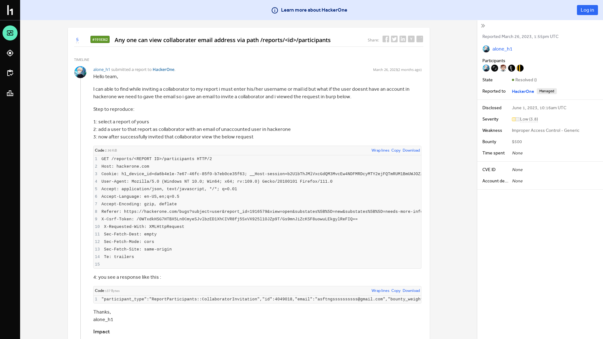 HackerOne | Report #1918362 - Any one can view collaborater email address via path /reports/<id>/participants | HackerOne