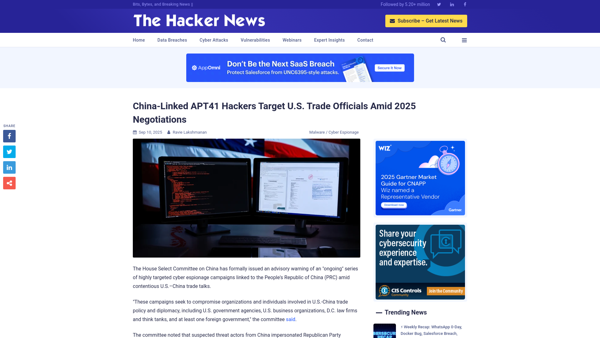 China-Linked APT41 Hackers Target U.S. Trade Officials Amid 2025 Negotiations