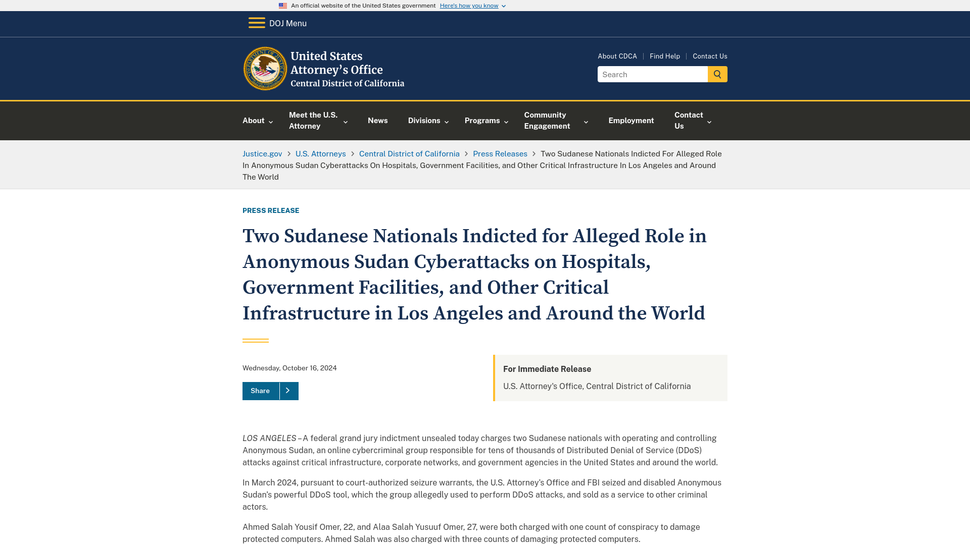 Central District of California | Two Sudanese Nationals Indicted for Alleged Role in Anonymous Sudan Cyberattacks on Hospitals, Government Facilities, and Other Critical Infrastructure in Los Angeles and Around the World | United States Department of Justice