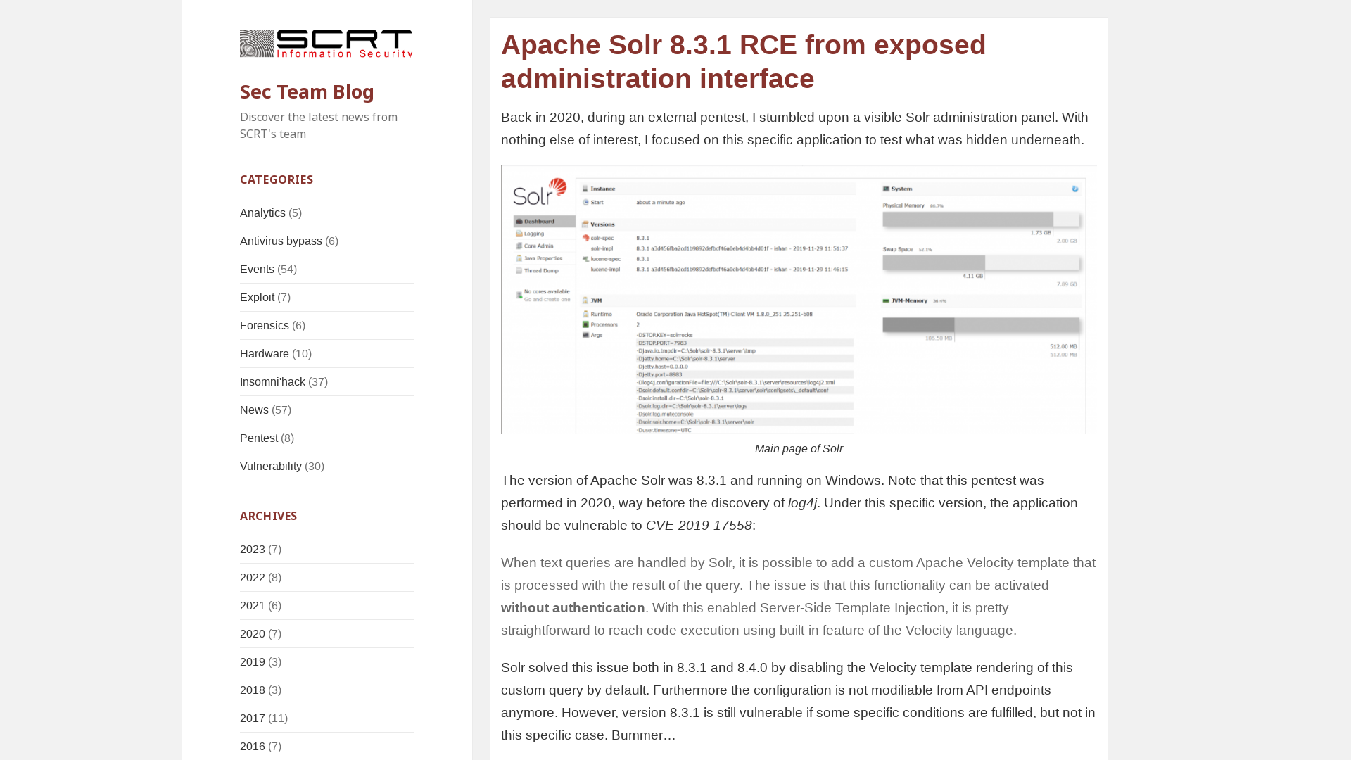 Apache Solr 8.3.1 RCE from exposed administration interface – Sec Team Blog