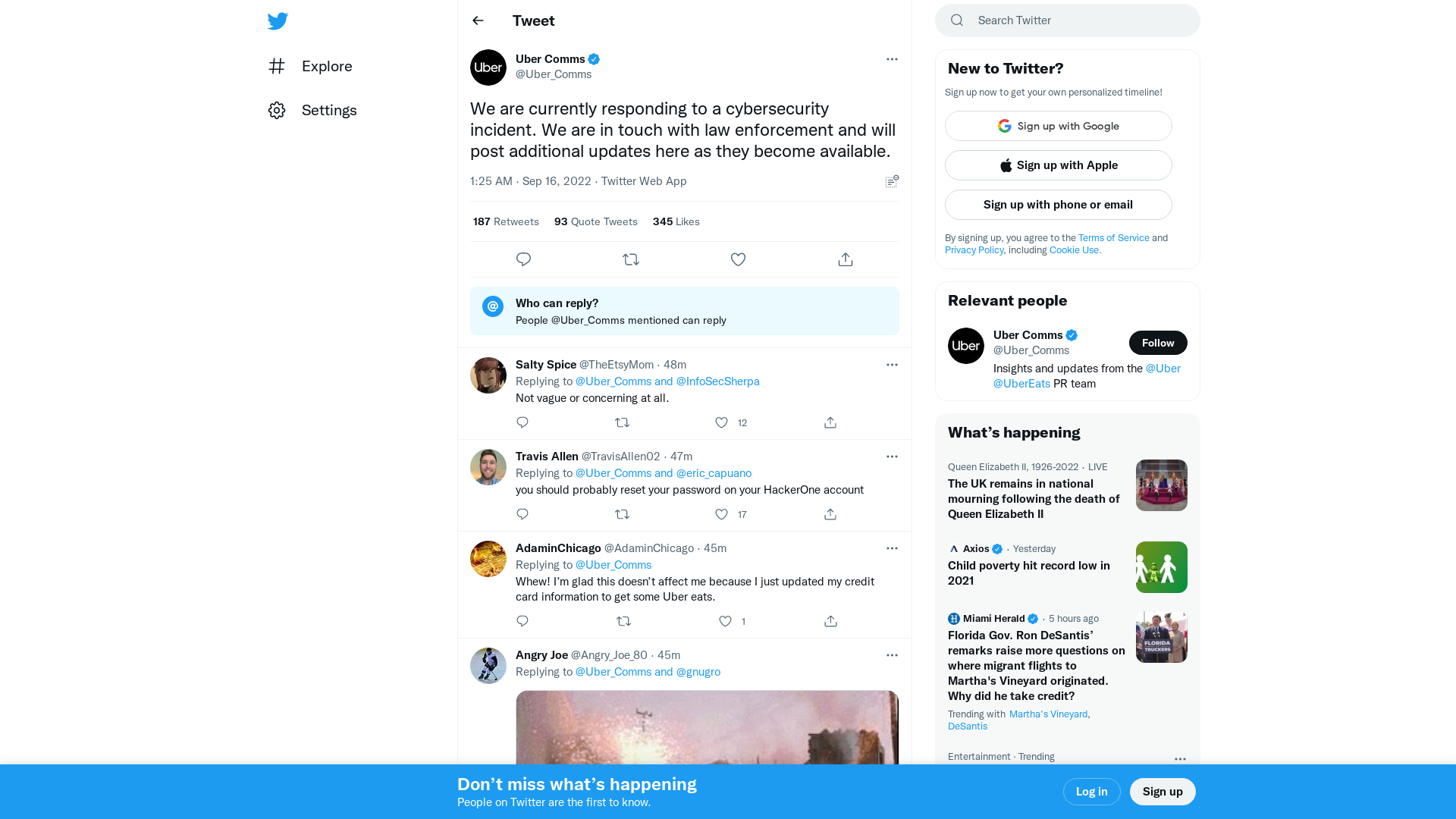 Uber Comms on Twitter: "We are currently responding to a cybersecurity incident. We are in touch with law enforcement and will post additional updates here as they become available." / Twitter