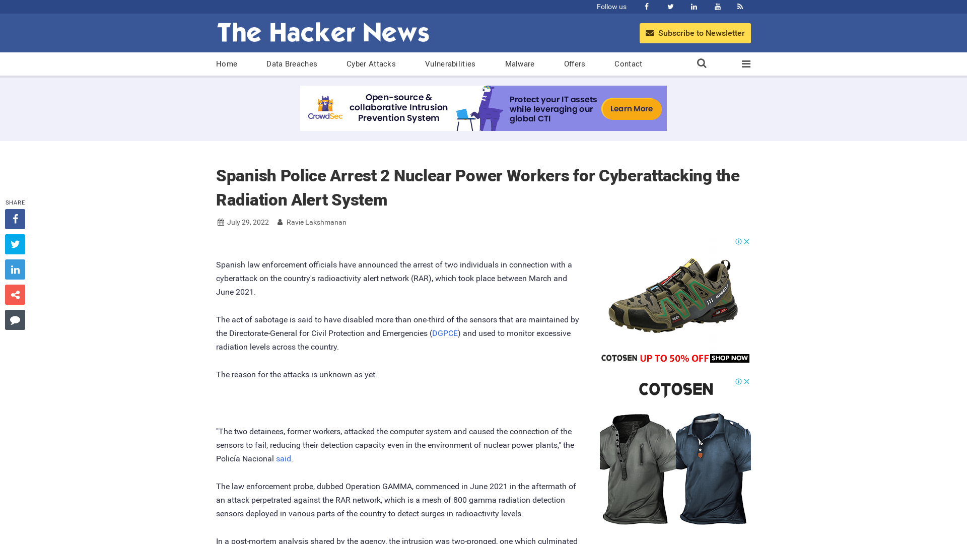 Spanish Police Arrest 2 Nuclear Power Workers for Cyberattacking the Radiation Alert System