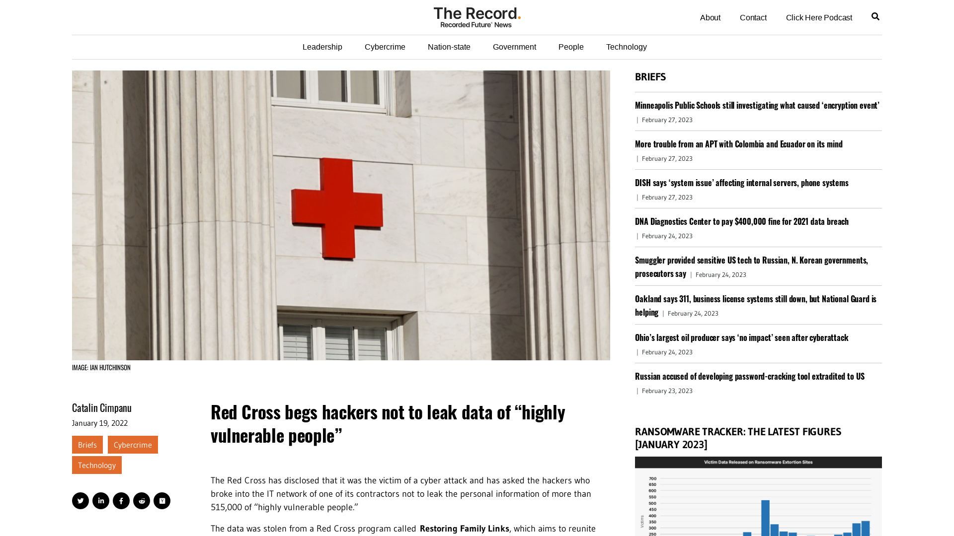 Red Cross begs hackers not to leak data of "highly vulnerable people" - The Record from Recorded Future News