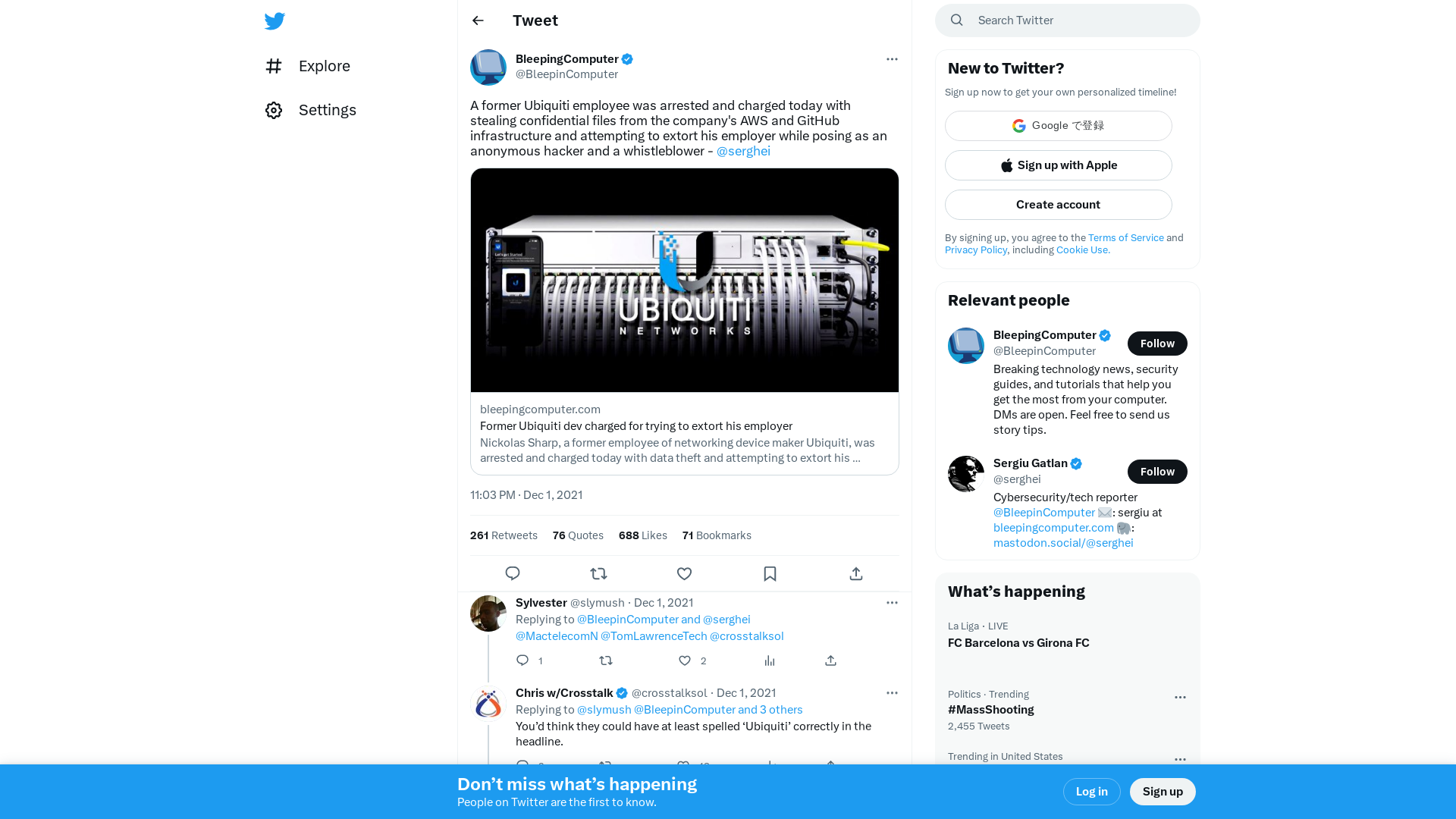 BleepingComputer on Twitter: "A former Ubiquiti employee was arrested and charged today with stealing confidential files from the company's AWS and GitHub infrastructure and attempting to extort his employer while posing as an anonymous hacker and a whistleblower - @serghei https://t.co/tiDvqi1ltv" / Twitter