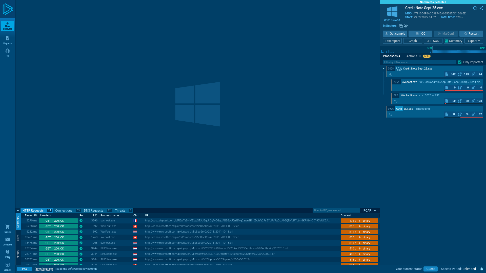 Analysis Credit Note Sept 25.exe (MD5: A7910C4F6ACC99745A035E85DD1B065E) No threats detected - Interactive analysis ANY.RUN