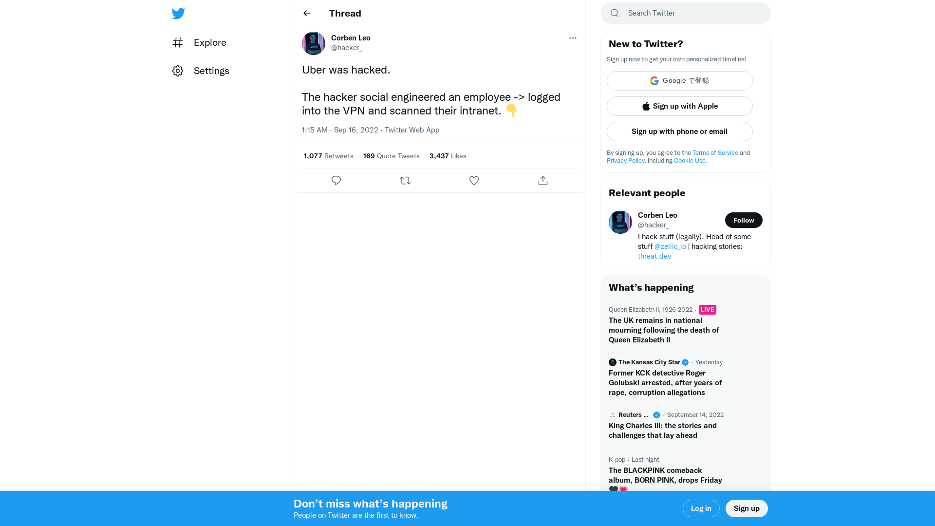 Corben Leo on Twitter: "Uber was hacked. The hacker social engineered an employee -> logged into the VPN and scanned their intranet. 👇" / Twitter