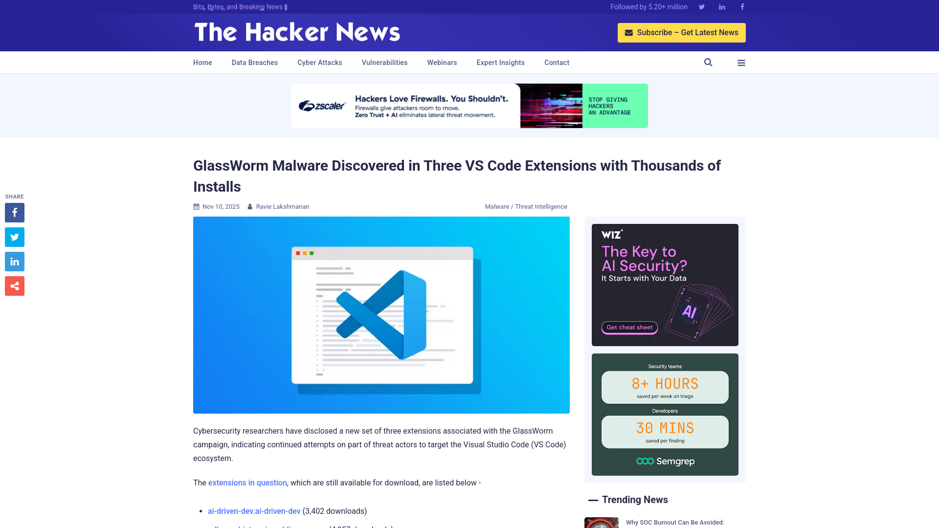 GlassWorm Malware Discovered in Three VS Code Extensions with Thousands of Installs